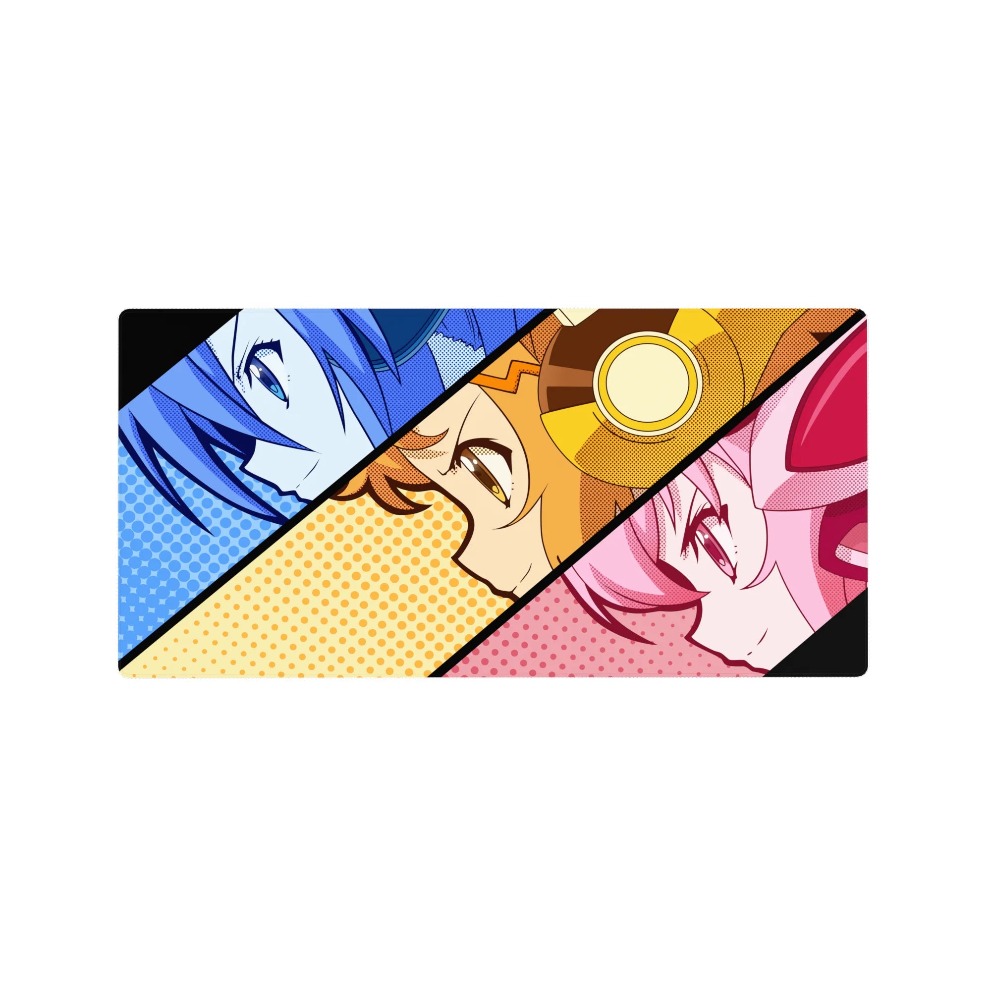 Pop-art anime girl mouse pad 32x16 inches with three comic panels, bold black diagonals, halftone dots.