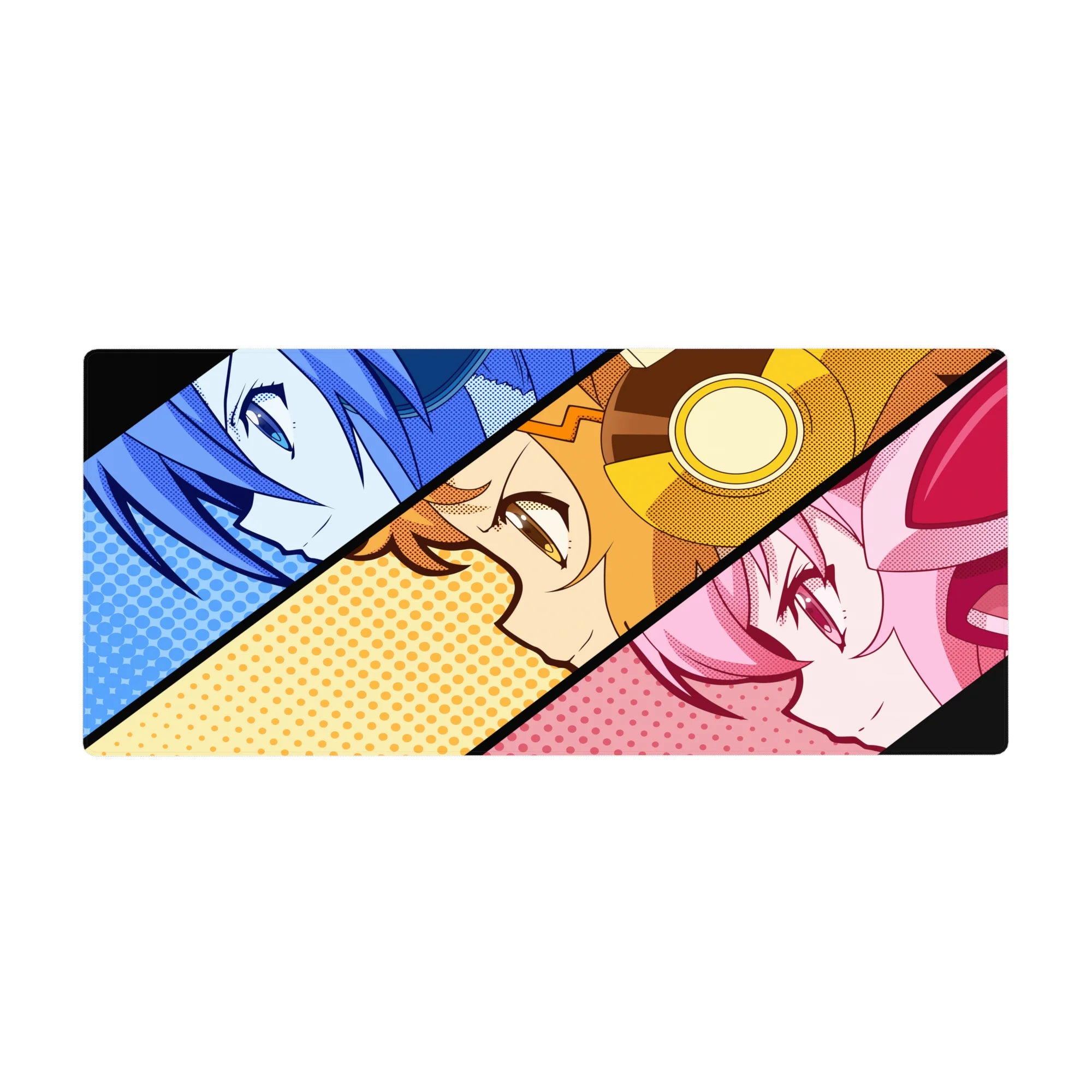 Pop-art anime girl desk pad 36x16 inches with three comic panels split by bold black diagonals.