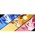 Pop-art anime girl desk pad 36x16 inches with three comic panels split by bold black diagonals.