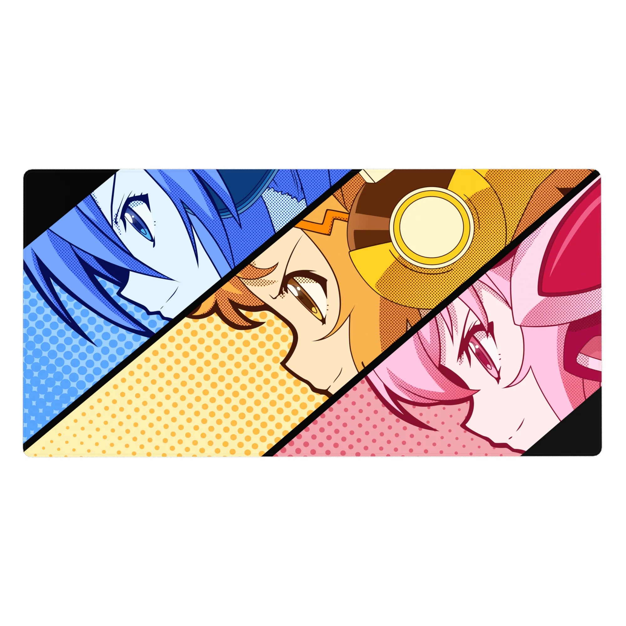 40x20 inches anime girl desk pad with three comic panels, bold black diagonals, pop-art halftone dots.