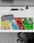 KonoSuba anime mouse pad 32x12 inches featuring Aqua, Darkness, Megumin, and Kazuma in a vibrant, chaotic collage.