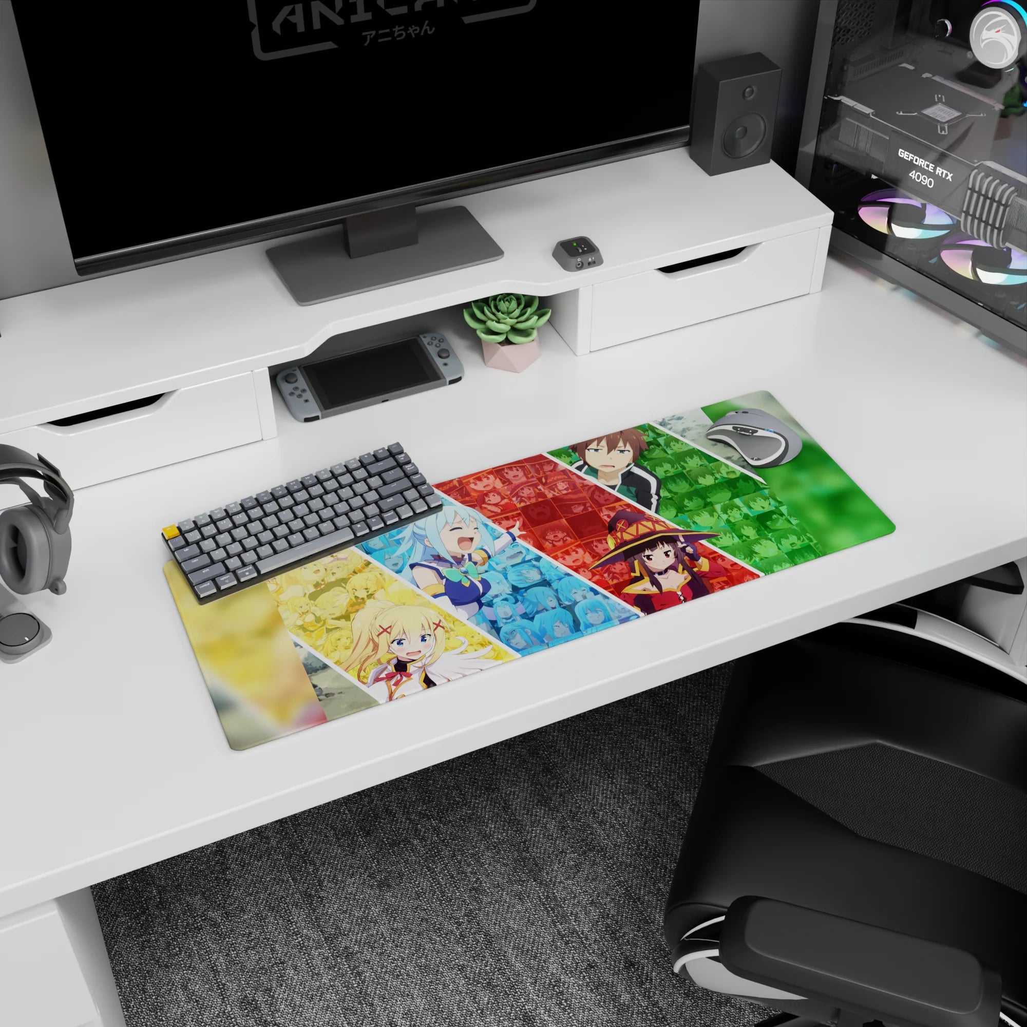 Anime mouse pad 32x12 inches featuring KonoSuba's Aqua, Darkness, Megumin, and Kazuma in a colorful, chaotic collage.