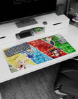 KonoSuba anime mouse pad 32x16 inches featuring Aqua, Darkness, Megumin, and Kazuma in a colorful, chaotic collage.