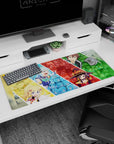 KonoSuba anime desk pad 36x16 inches featuring Aqua, Darkness, Megumin, and Kazuma in a colorful, chaotic collage.