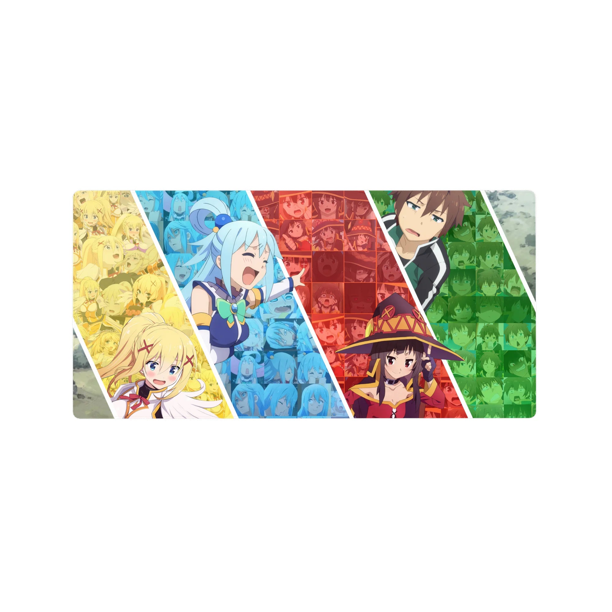 KonoSuba anime mouse pad 32x16 inches featuring Aqua, Darkness, Megumin, and Kazuma in a colorful, chaotic collage.