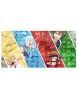 KonoSuba anime mouse pad 32x16 inches featuring Aqua, Darkness, Megumin, and Kazuma in a colorful, chaotic collage.