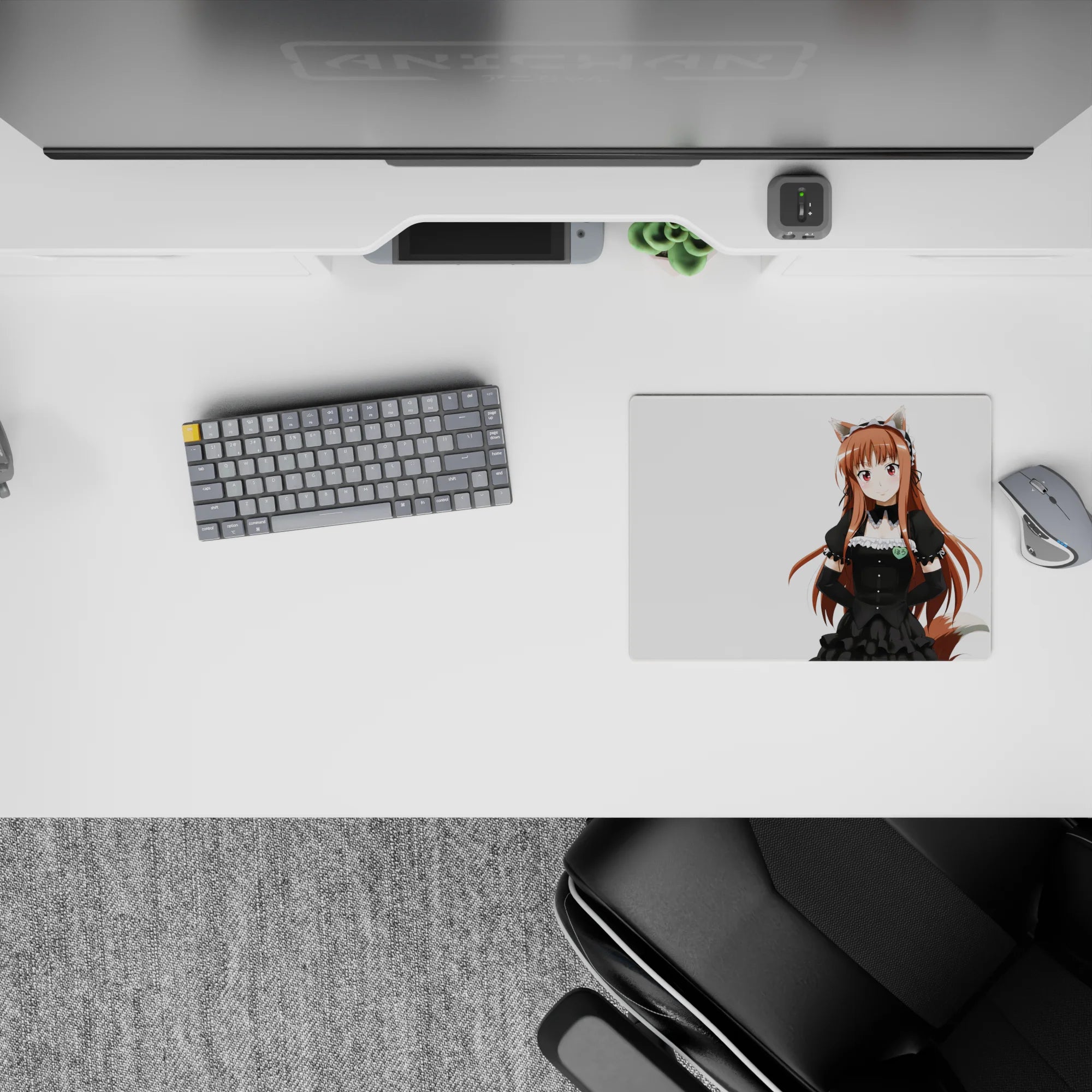 Cute 14x10 inches anime girl mouse pad in crisp white, warm auburn hair, rosy eyes, playful vibe.