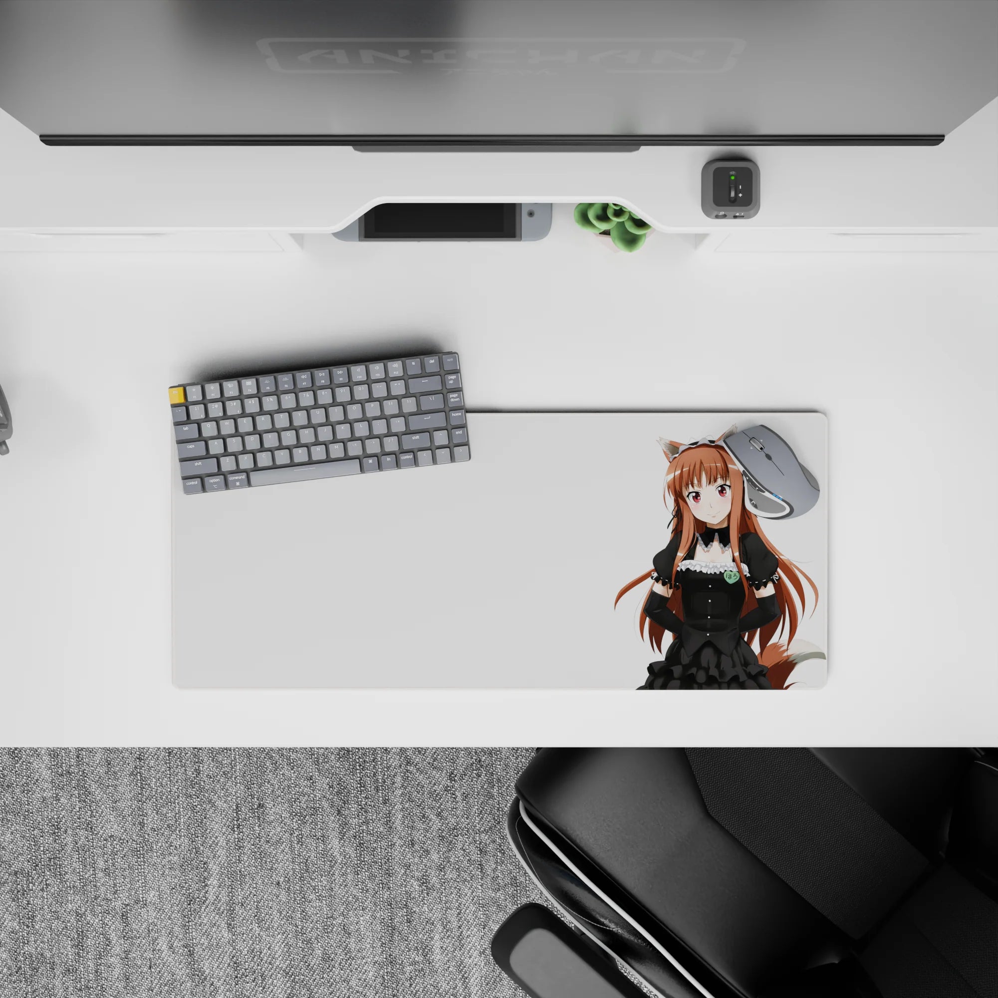 28x12 inches anime girl mouse pad in warm auburn and rosy tones, cute café vibe with sassy maid art.