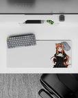 28x12 inches anime girl mouse pad in warm auburn and rosy tones, cute café vibe with sassy maid art.