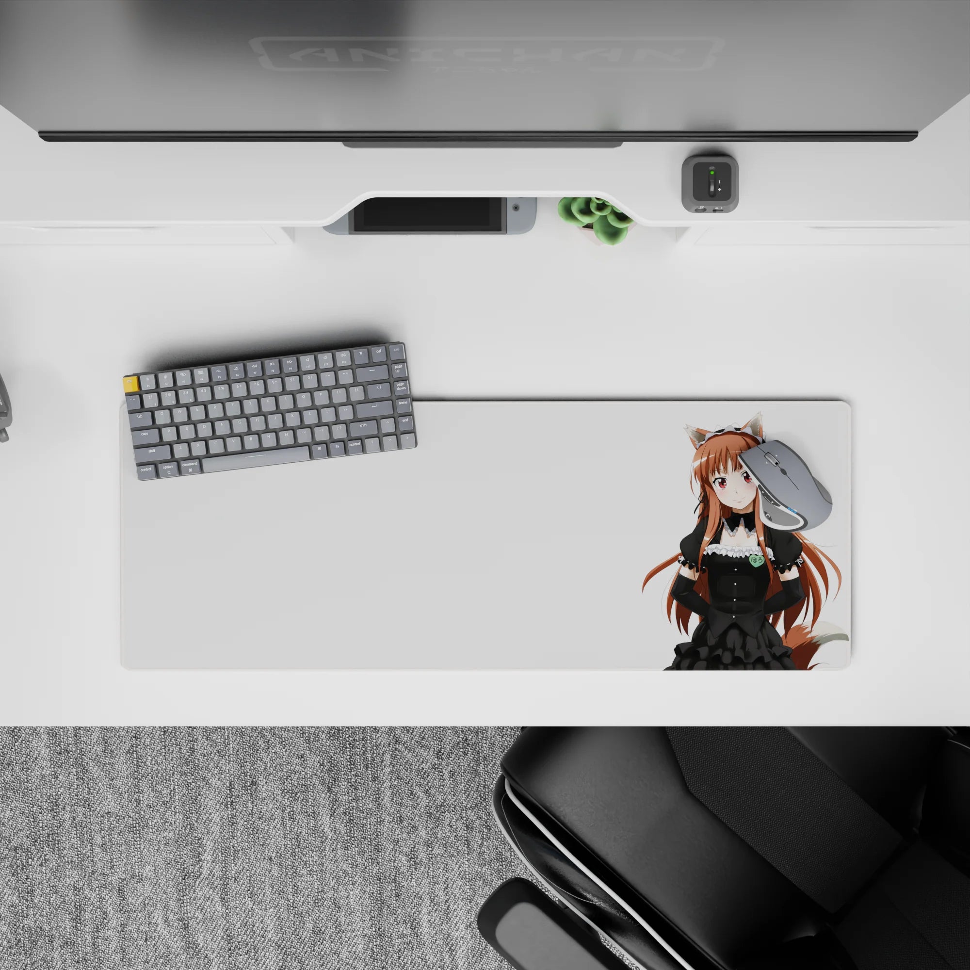 Cute sassy auburn-and-rosy palette on crisp white anime girl mouse pad 32x12 inches, café vibe art.