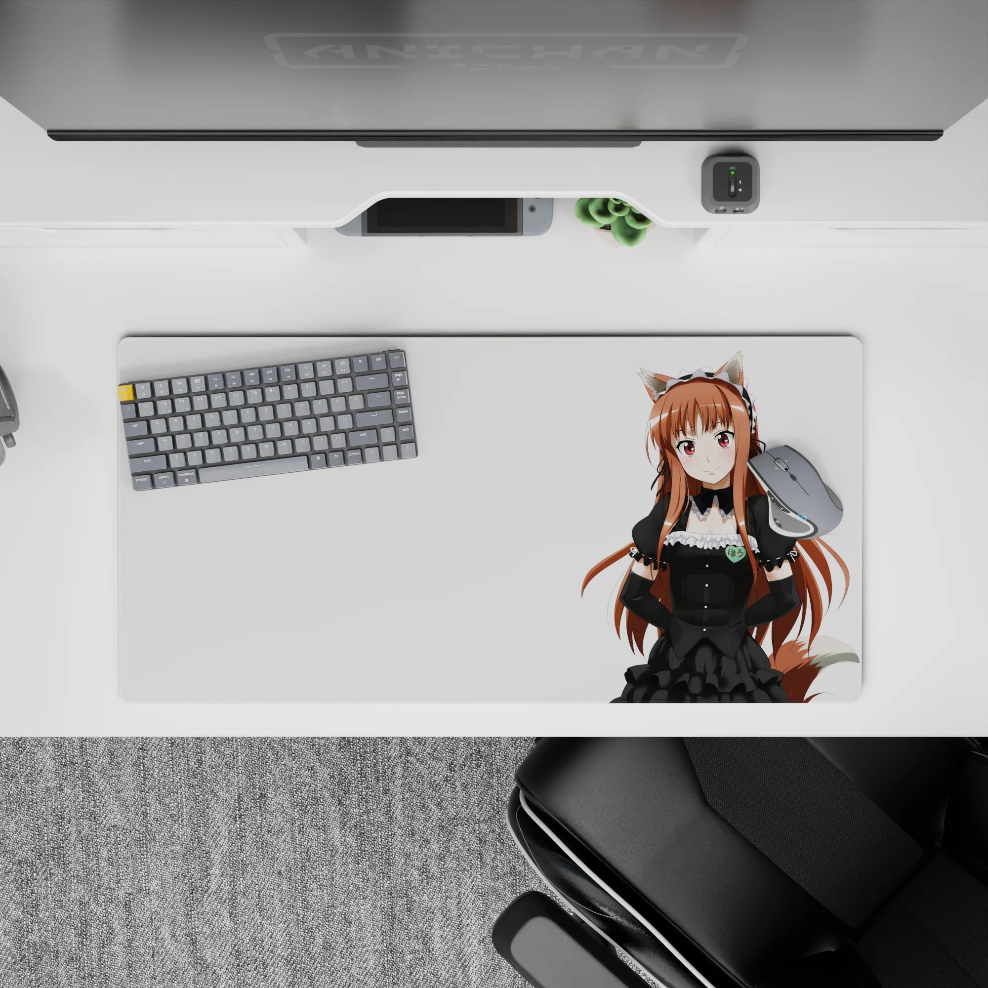 White backdrop, warm auburn hair and rosy eyes anime girl mouse pad 32x16 inches with cute café vibes.