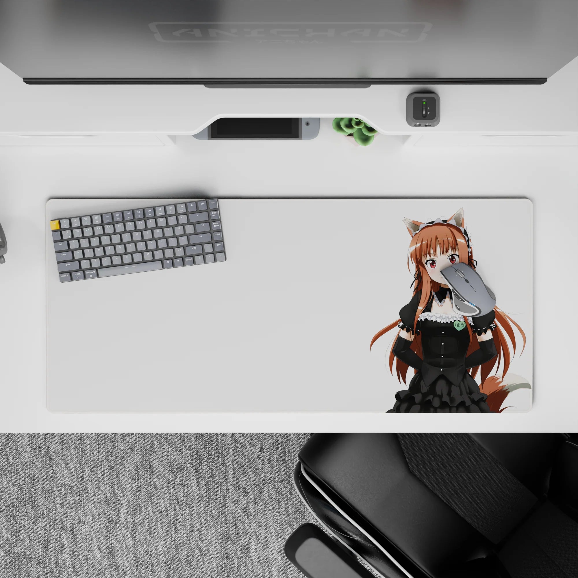 Cute warm auburn and rosy tones anime desk pad 36x16 inches, clean café vibe with a sassy smile.