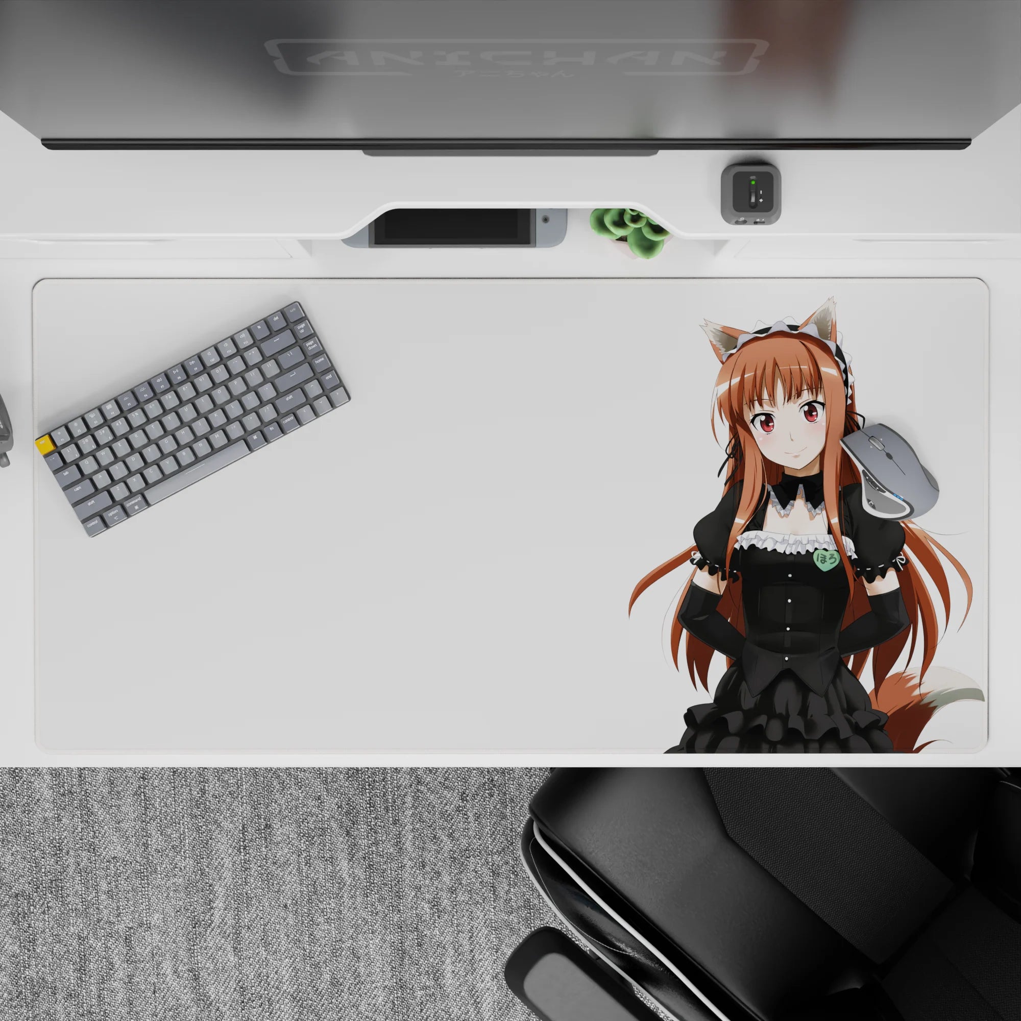 Crisp white 40x20 inches anime desk pad with warm auburn hair, rosy eyes, cute café vibe art.
