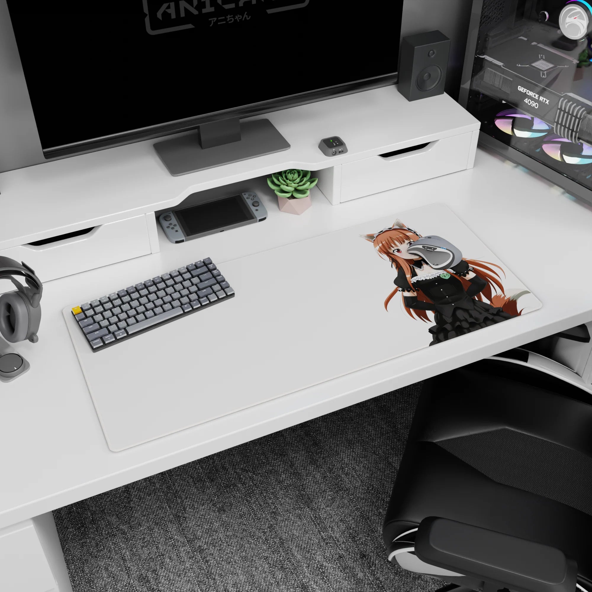 Shy confident fox-girl maid with fluffy tail on white, anime desk pad 36x16 inches for gaming.