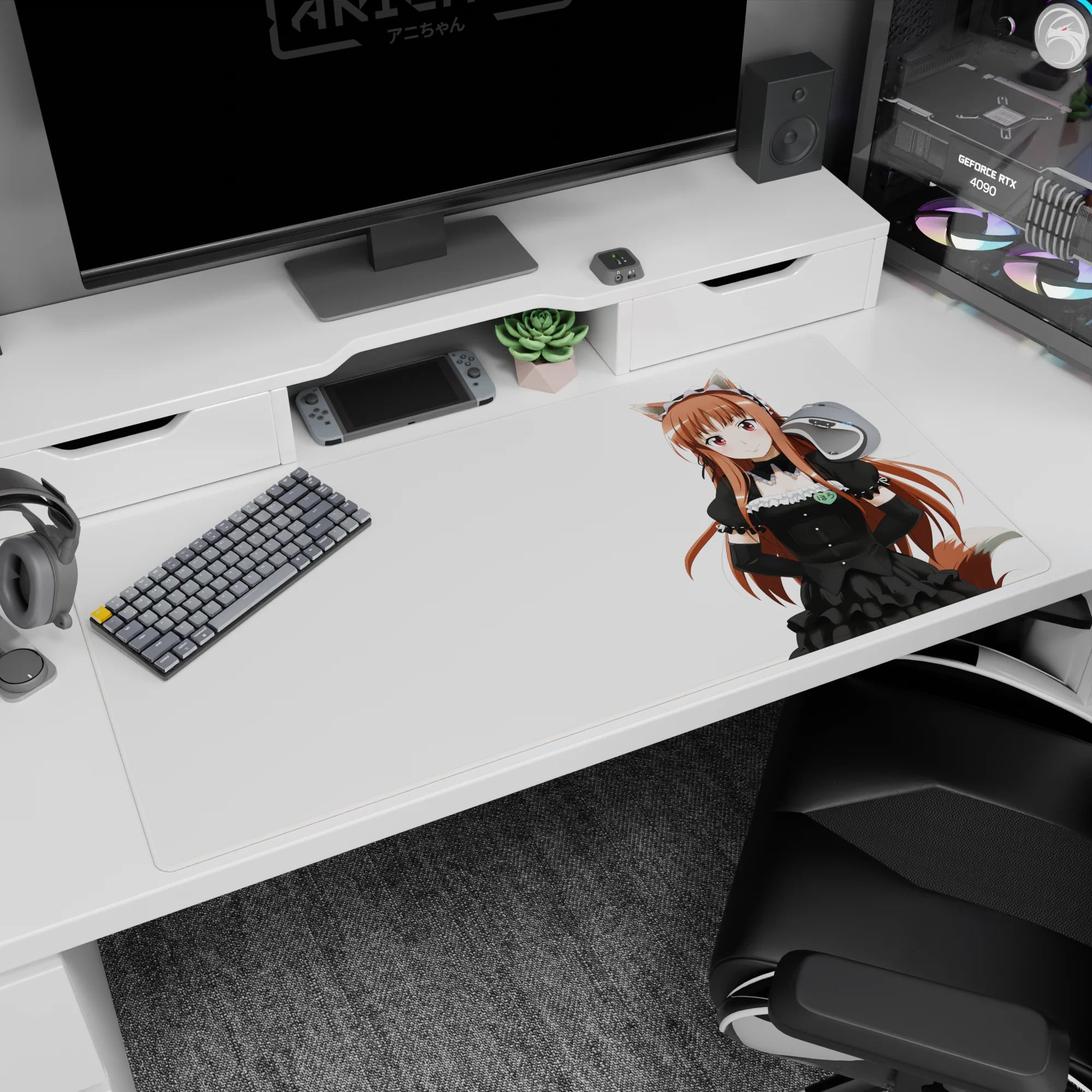 Shy, confident fox-eared maid on a white backdrop 40x20 inches anime desk pad, tail peeking out.