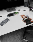 Shy, confident fox-eared maid on a white backdrop 40x20 inches anime desk pad, tail peeking out.