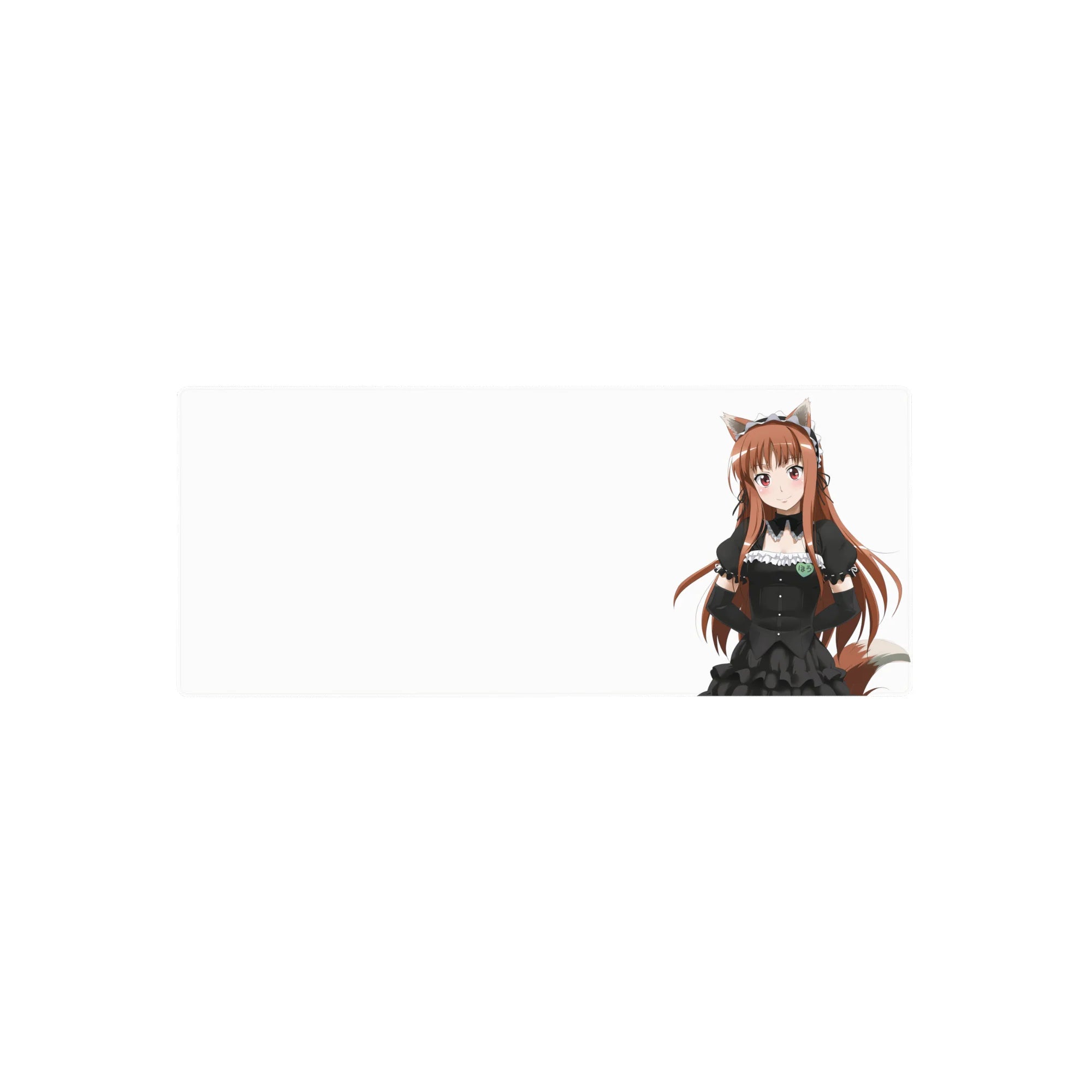 28x12 inches anime girl mouse pad with fox-eared maid in black frilly dress on a crisp white background.