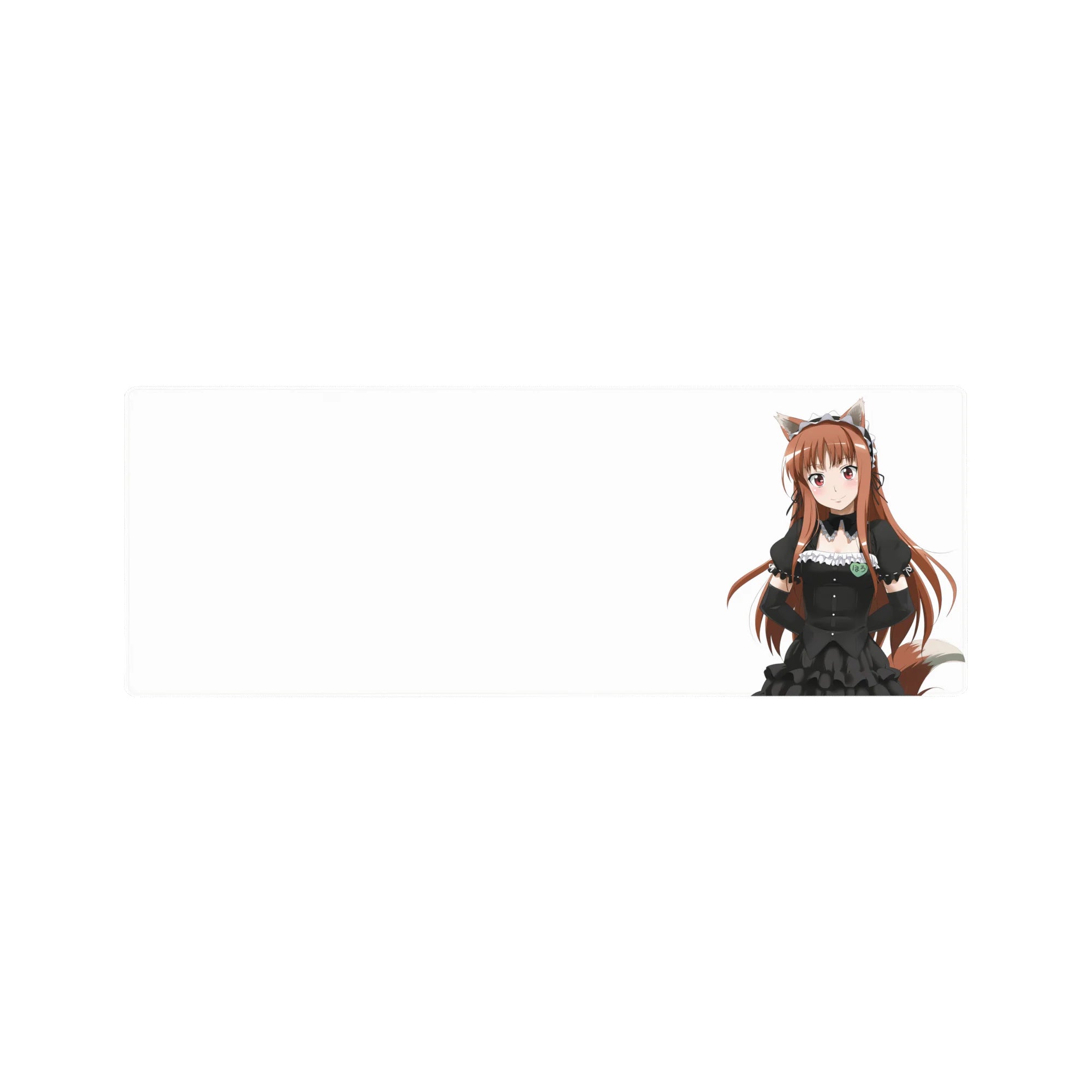 Fox-eared anime maid mouse pad 32x12 inches with black frilly dress, lace trim, and fluffy tail.