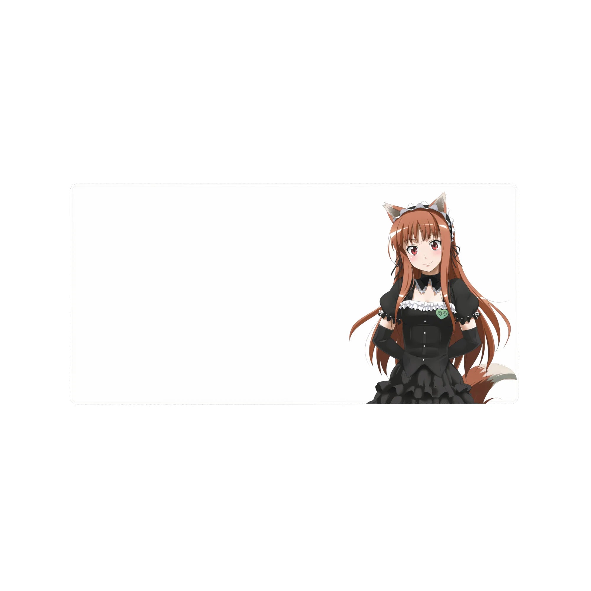 Fox-eared anime maid mouse pad 32x16 inches with black frilly dress, lace trim, and fluffy tail.