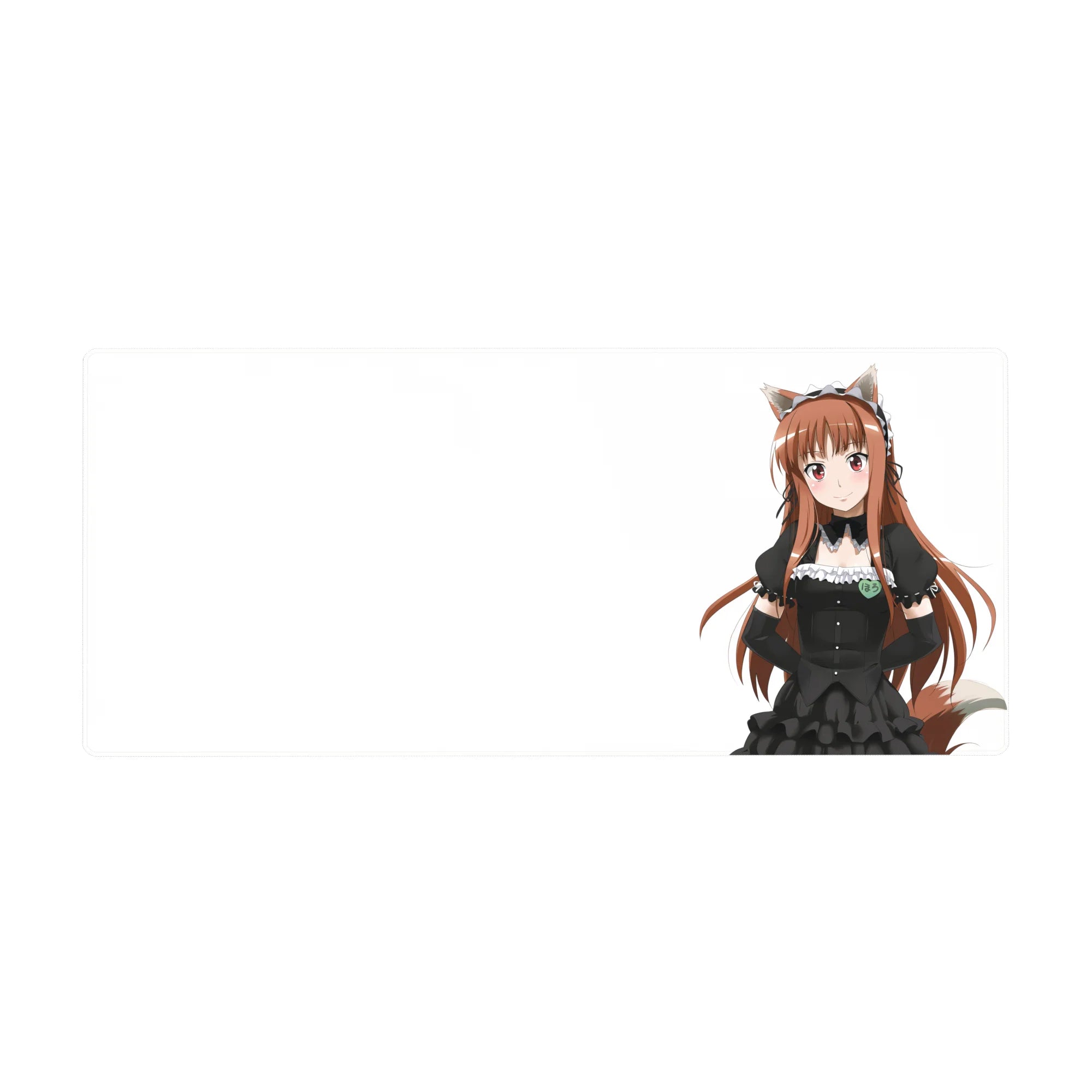 Anime fox-eared maid desk pad 36x16 inches, black frilly dress with lace on crisp white background.