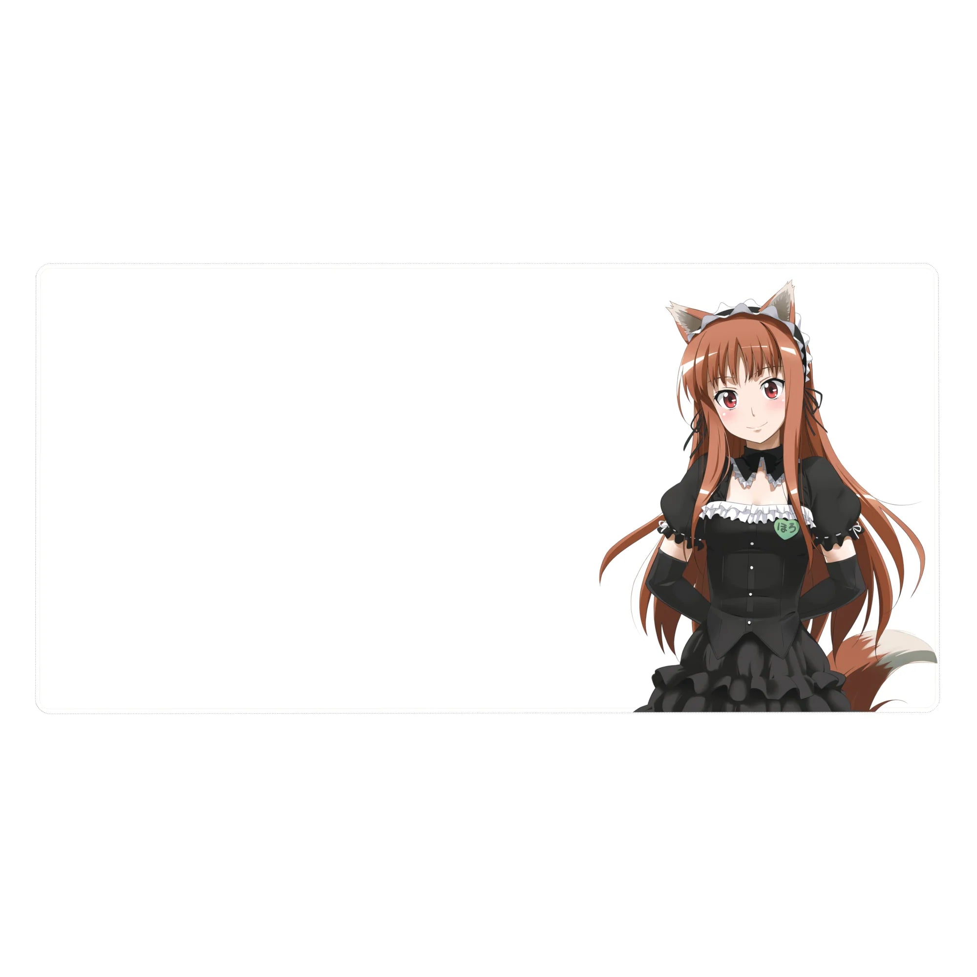 Fox-eared anime maid desk pad 40x20 inches with black frilly dress, lace trim, and fluffy tail.