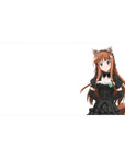 Fox-eared anime maid desk pad 40x20 inches with black frilly dress, lace trim, and fluffy tail.