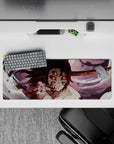 Anime mouse pad featuring Demon Slayer's Kokushibo with six burning eyes and blood-red blades on a 32x12 inch surface.