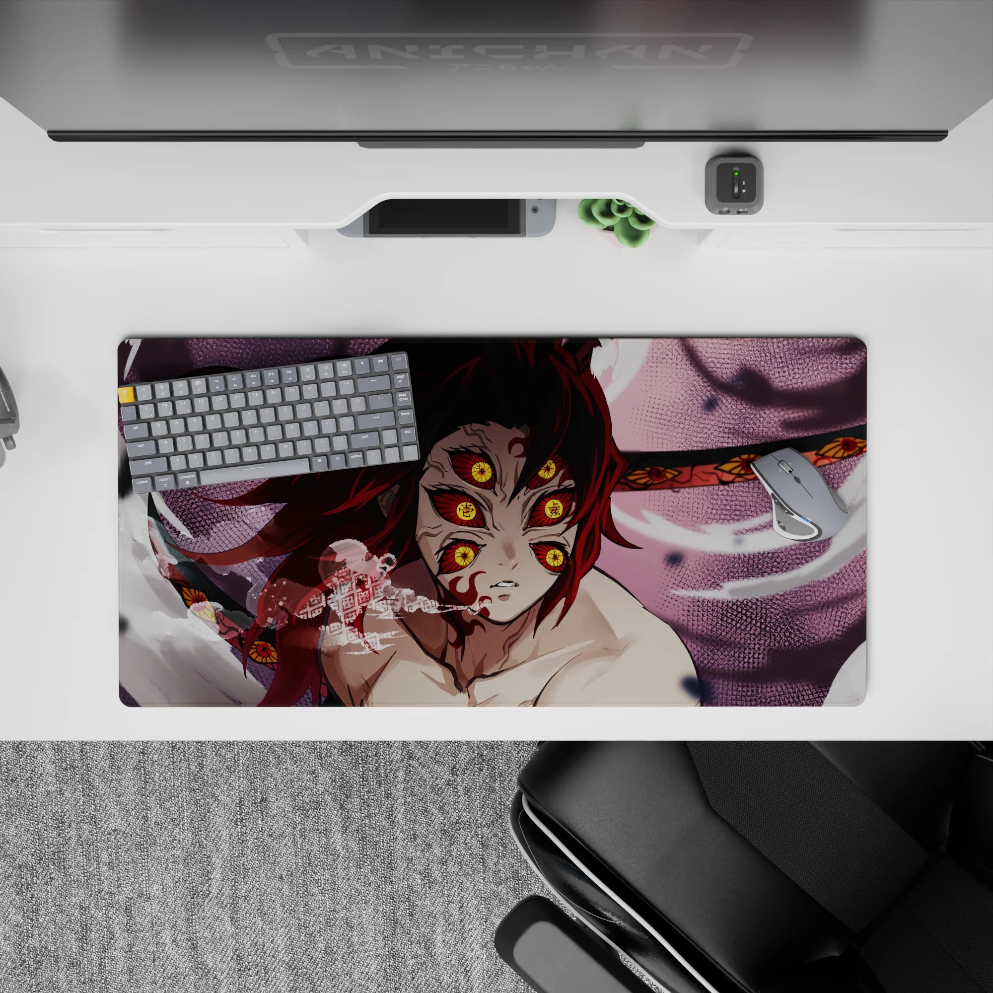 Anime mouse pad 32x16 inches featuring Kokushibo from Demon Slayer; six eyes, blood-red blades, eerie pink-gray tones.