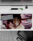 Anime mouse pad 32x16 inches featuring Kokushibo from Demon Slayer; six eyes, blood-red blades, eerie pink-gray tones.