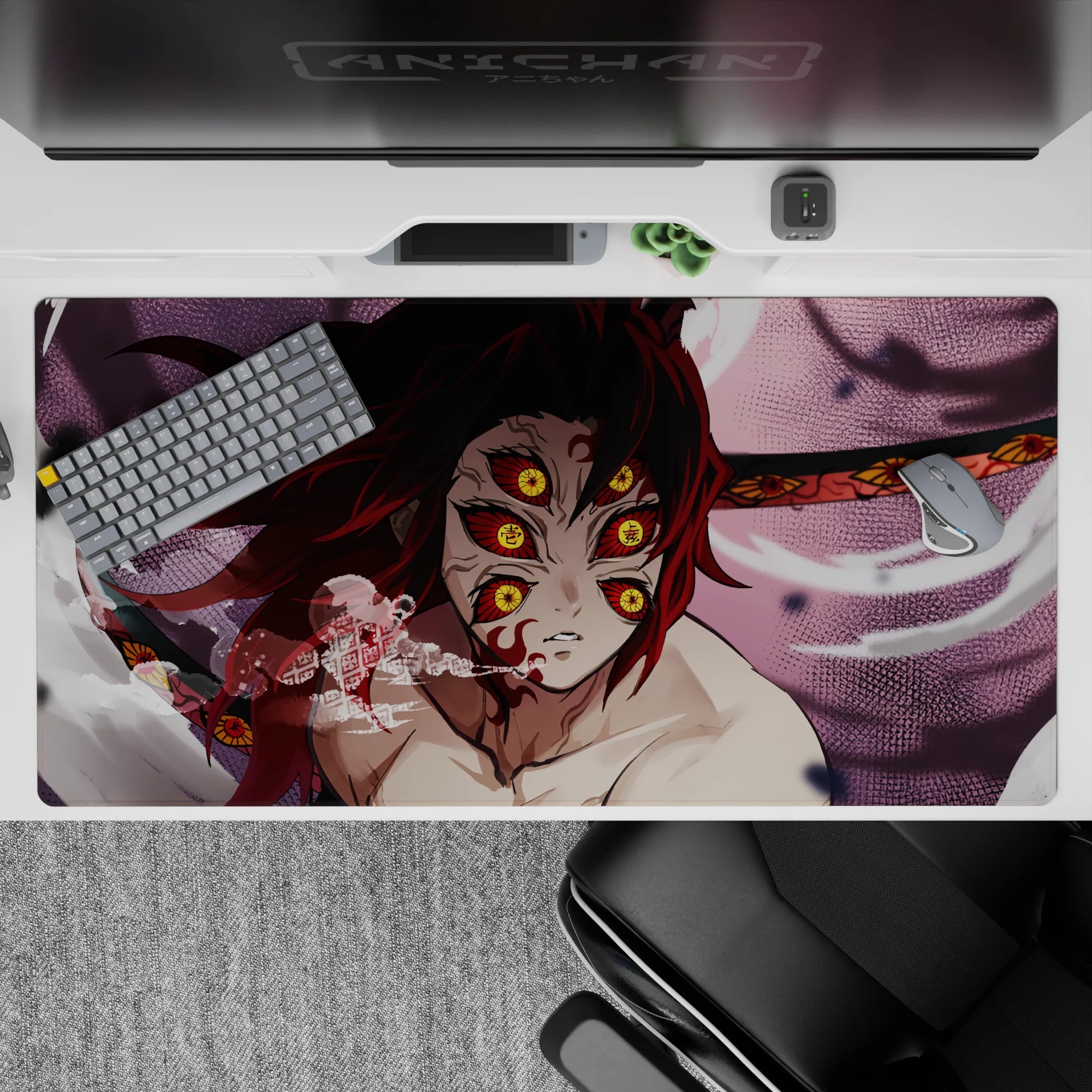 Anime desk pad featuring Kokushibo from Demon Slayer, 40x20 inches, showcasing his six burning eyes and blood-red blades.