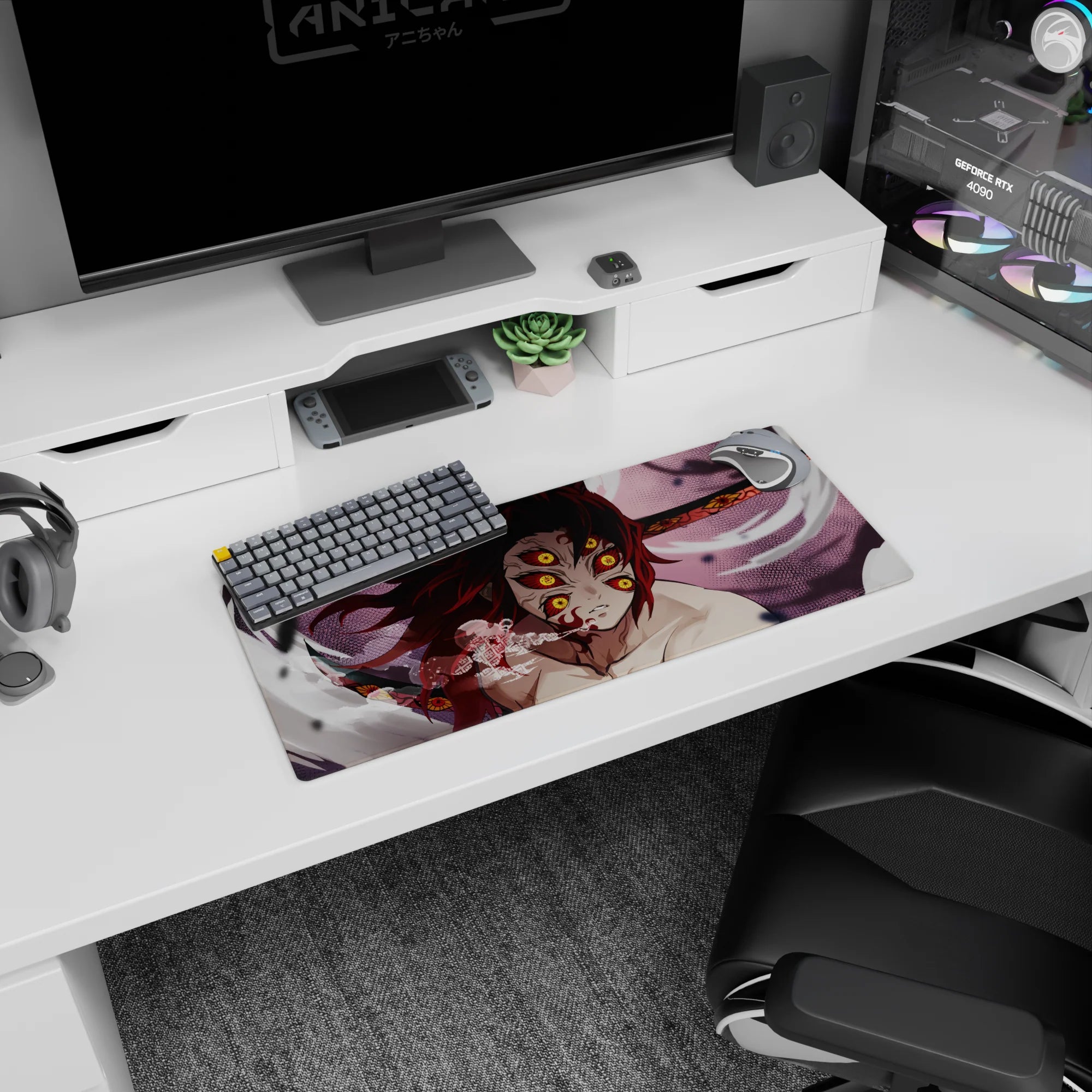 Anime mouse pad featuring Upper Rank demon Kokushibo from Demon Slayer with six burning eyes, blood-red blades, 28x12 inches.