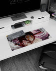 Anime mouse pad featuring Upper Rank demon Kokushibo from Demon Slayer with six burning eyes, blood-red blades, 28x12 inches.