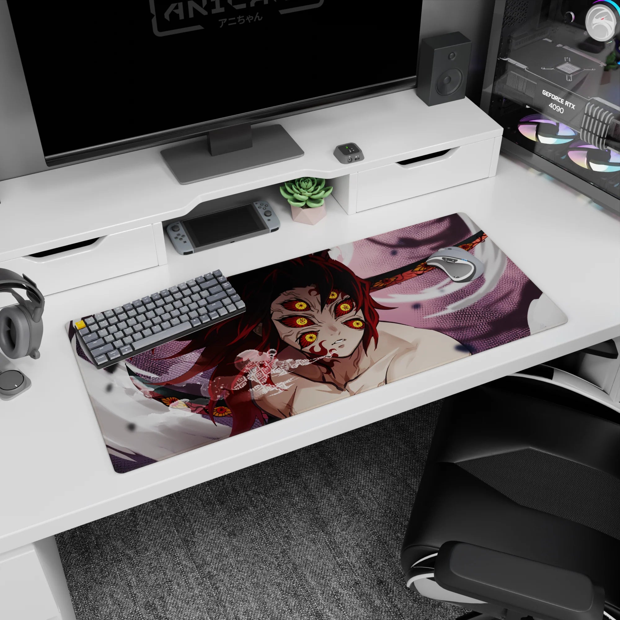 Demon Slayer desk pad 36x16 inches featuring Upper Rank demon Kokushibo with six eyes and blood-red blades.