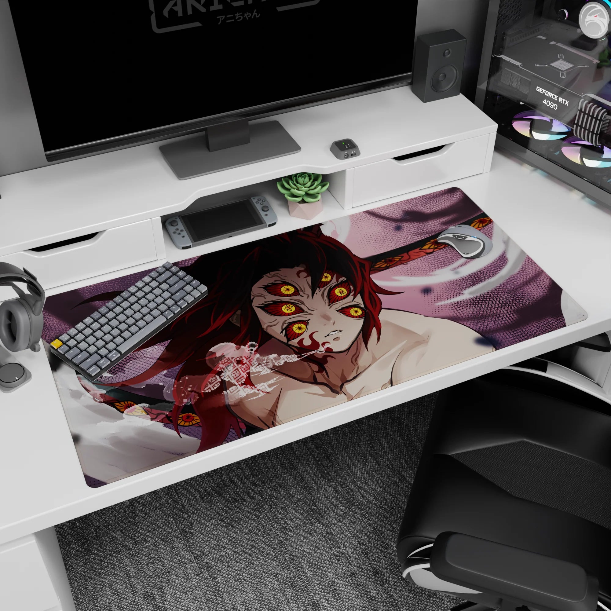 Anime desk pad featuring Kokushibo from Demon Slayer, showcasing six burning eyes and blood-red blades, 40x20 inches.