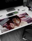 Anime desk pad featuring Kokushibo from Demon Slayer, showcasing six burning eyes and blood-red blades, 40x20 inches.