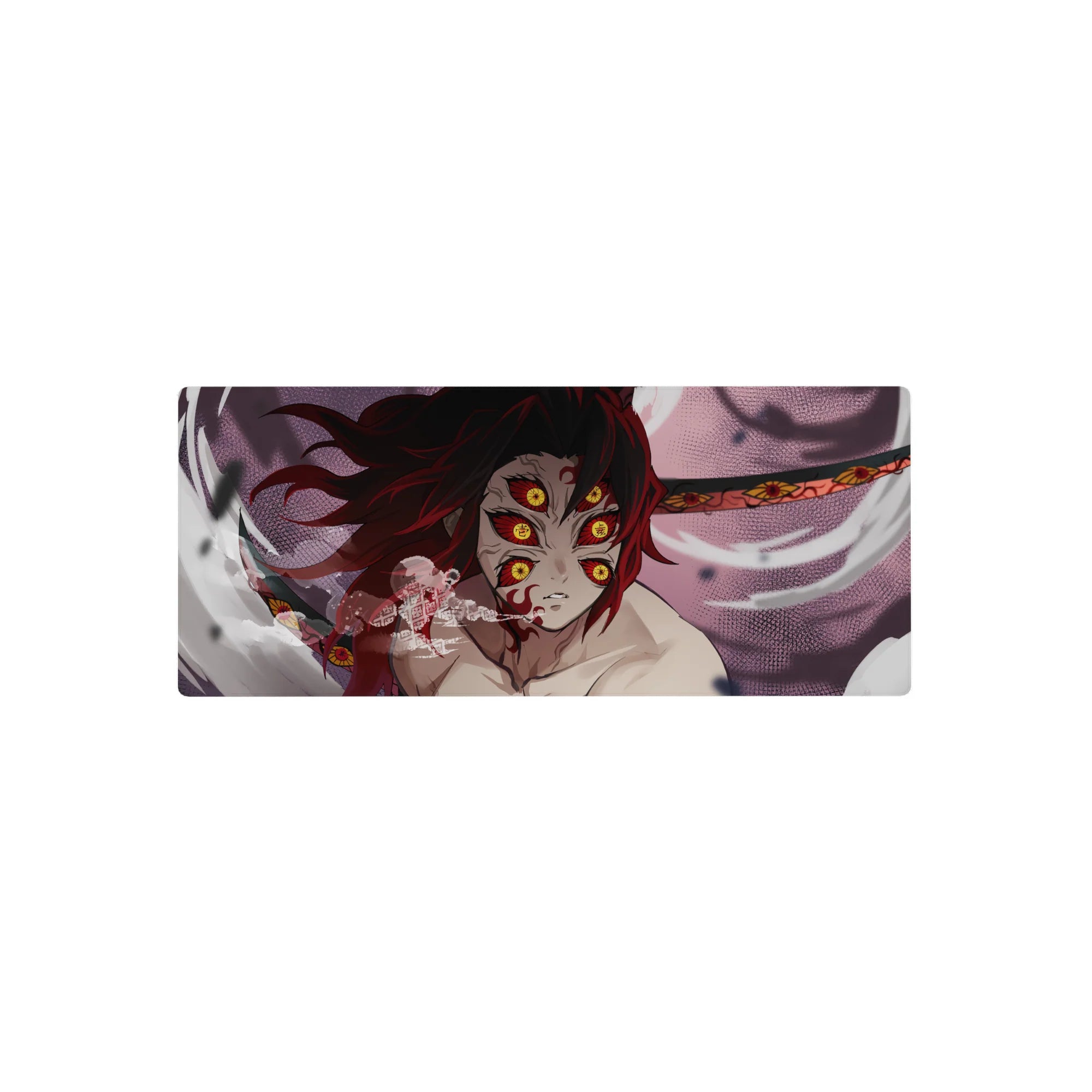Mouse pad featuring Demon Slayer's Kokushibo, size 28x12 inches, with six burning eyes and blood-red blades in pink-gray tones.