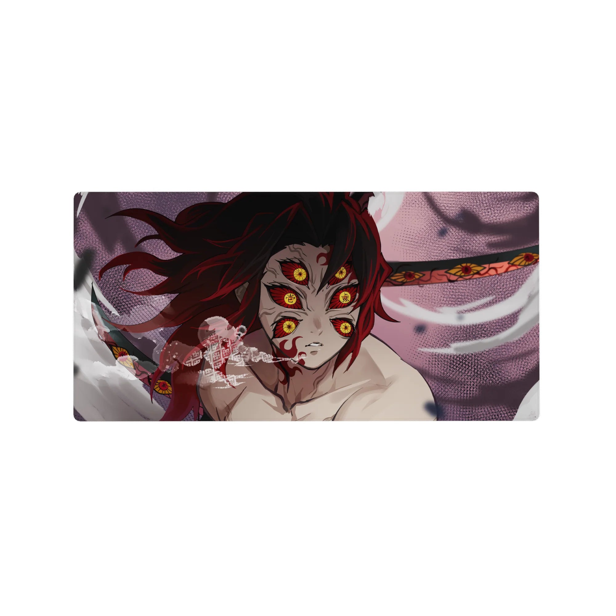 Anime mouse pad featuring Kokushibo from Demon Slayer, 32x16 inches, showcasing six burning eyes and blood-red blades.