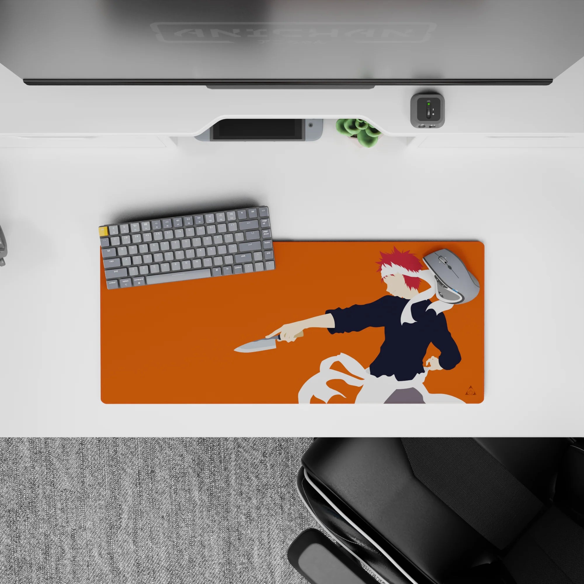Orange anime mouse pad 28x12 inches with sharp chef uniform, white ribbons, and rebellious energy.