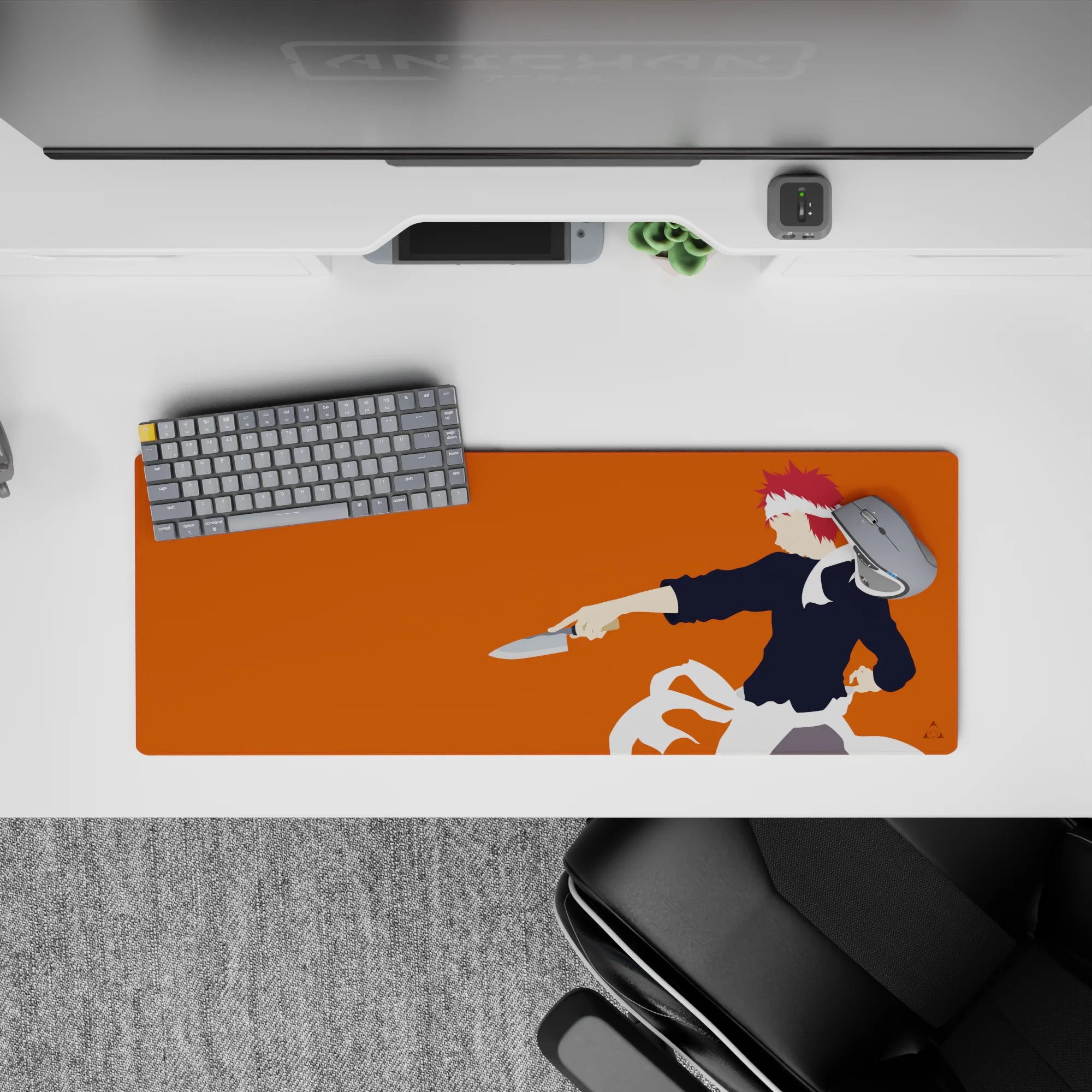 32x12 inches anime mouse pad with vivid orange background, dark uniform, and sharp rebellious energy.