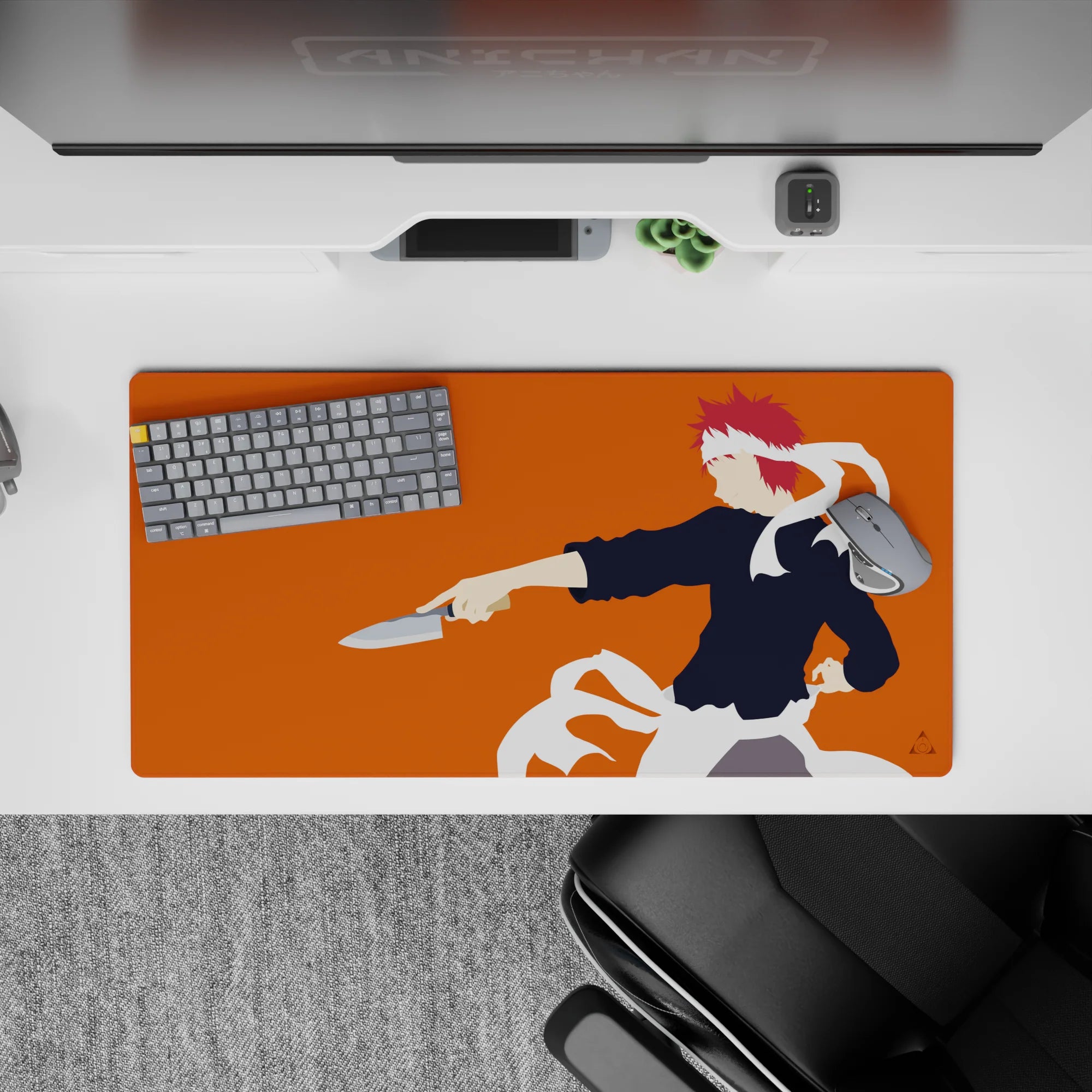 32x16 inches anime mouse pad with vivid orange background, sharp contrast, and rebellious Food Wars energy.