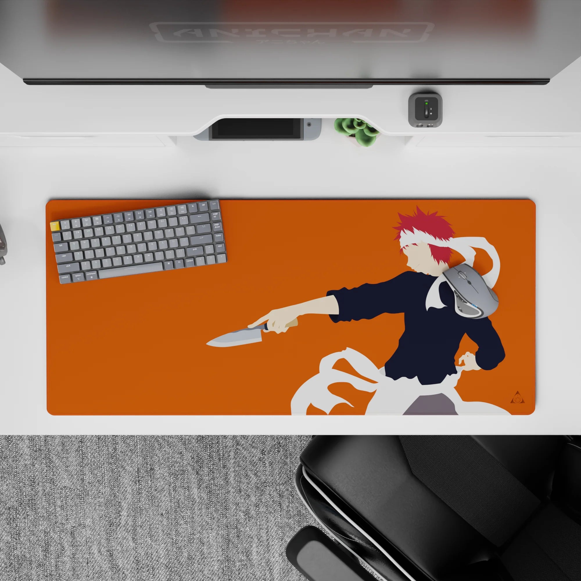Anime desk pad 36x16 inches in vivid orange and black, bold, sharp, and rebellious Food Wars style.
