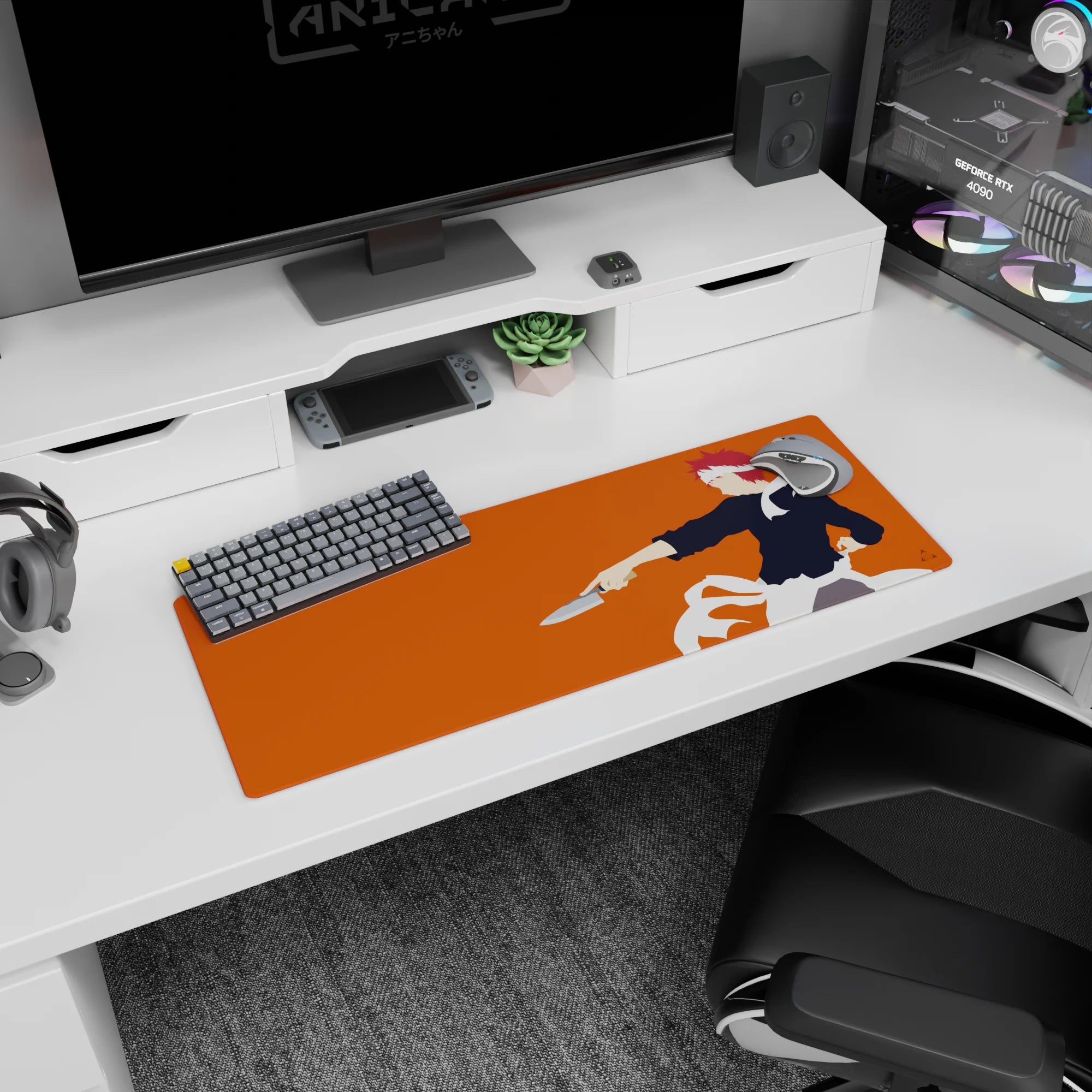 32x12 inches anime mouse pad featuring Soma Yukihira with headband and apron ribbons in motion.