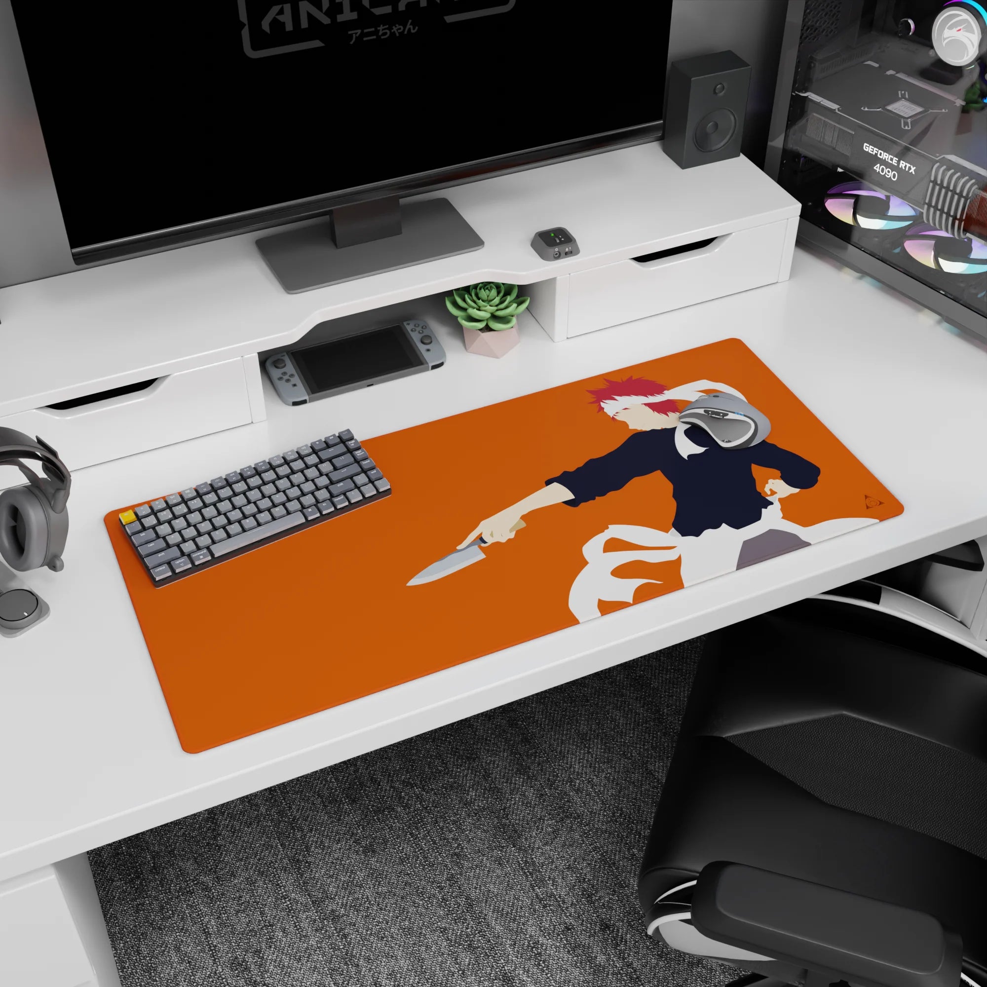 Soma Yukihira anime desk pad 36x16 inches with blade in hand and confident side-profile action pose.