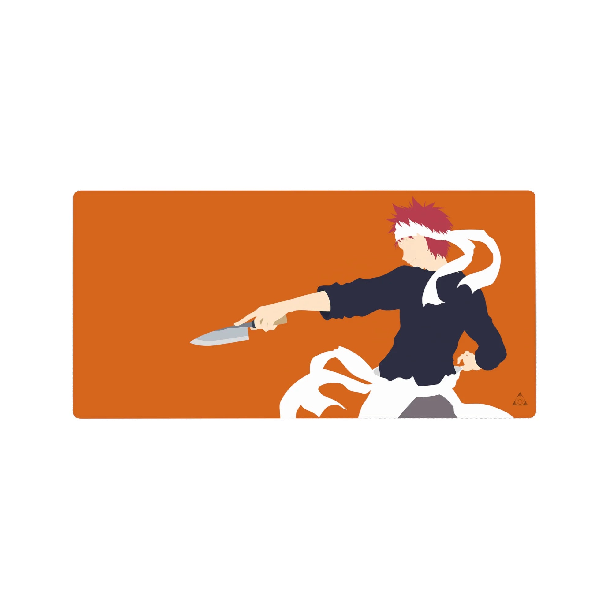32x16 inches anime mouse pad with bold Soma Yukihira side pose, chef uniform, blade, and motion ribbons.