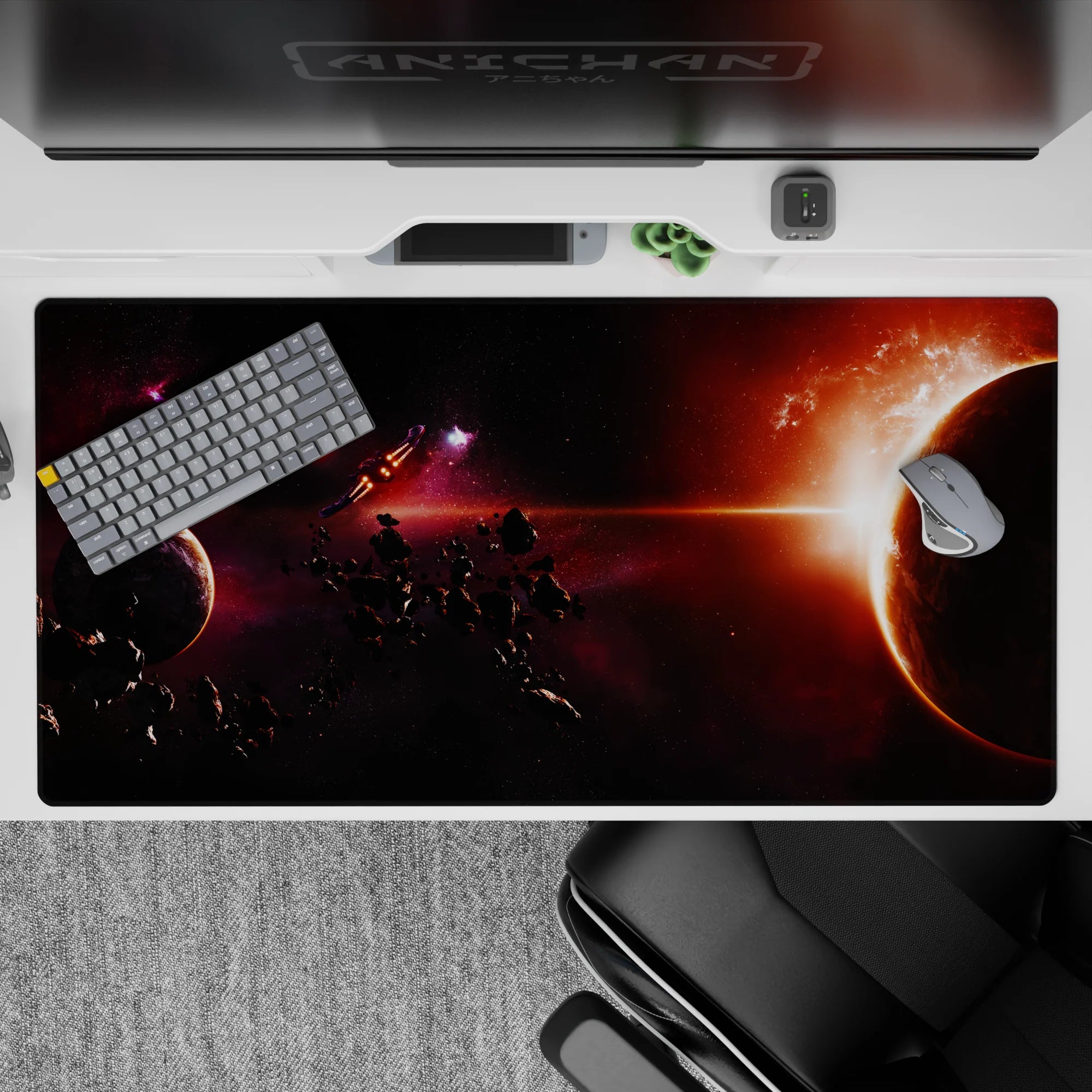 Moody 40x20 inches desk pad in inky black, smoky red, and sunrise orange for a cinematic space vibe.