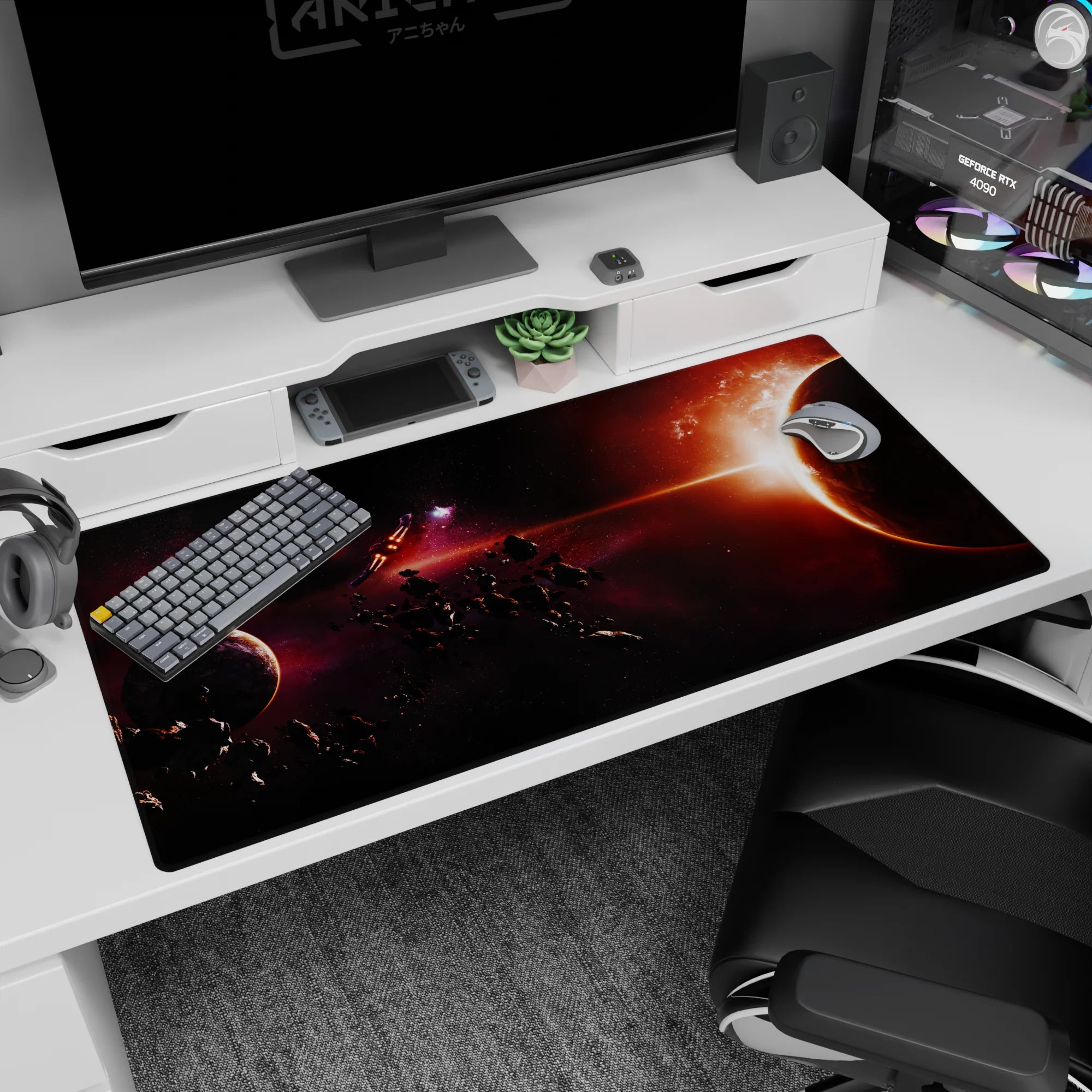 40x20 inches desk pad featuring a massive glowing planet with asteroids like confetti and a tiny ship.