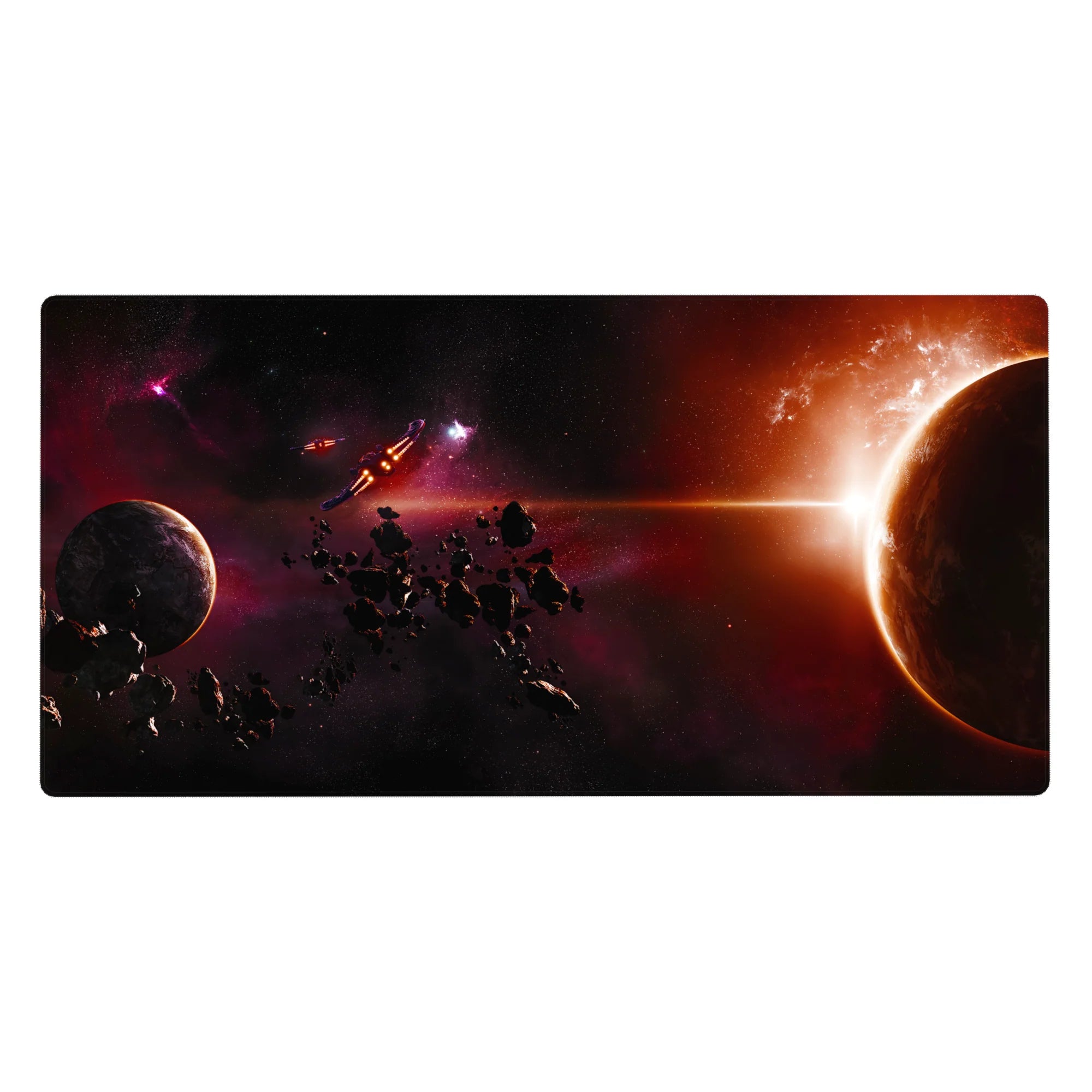 Space-themed desk pad 40x20 inches with planet glow, asteroids, and a streaking spaceship.