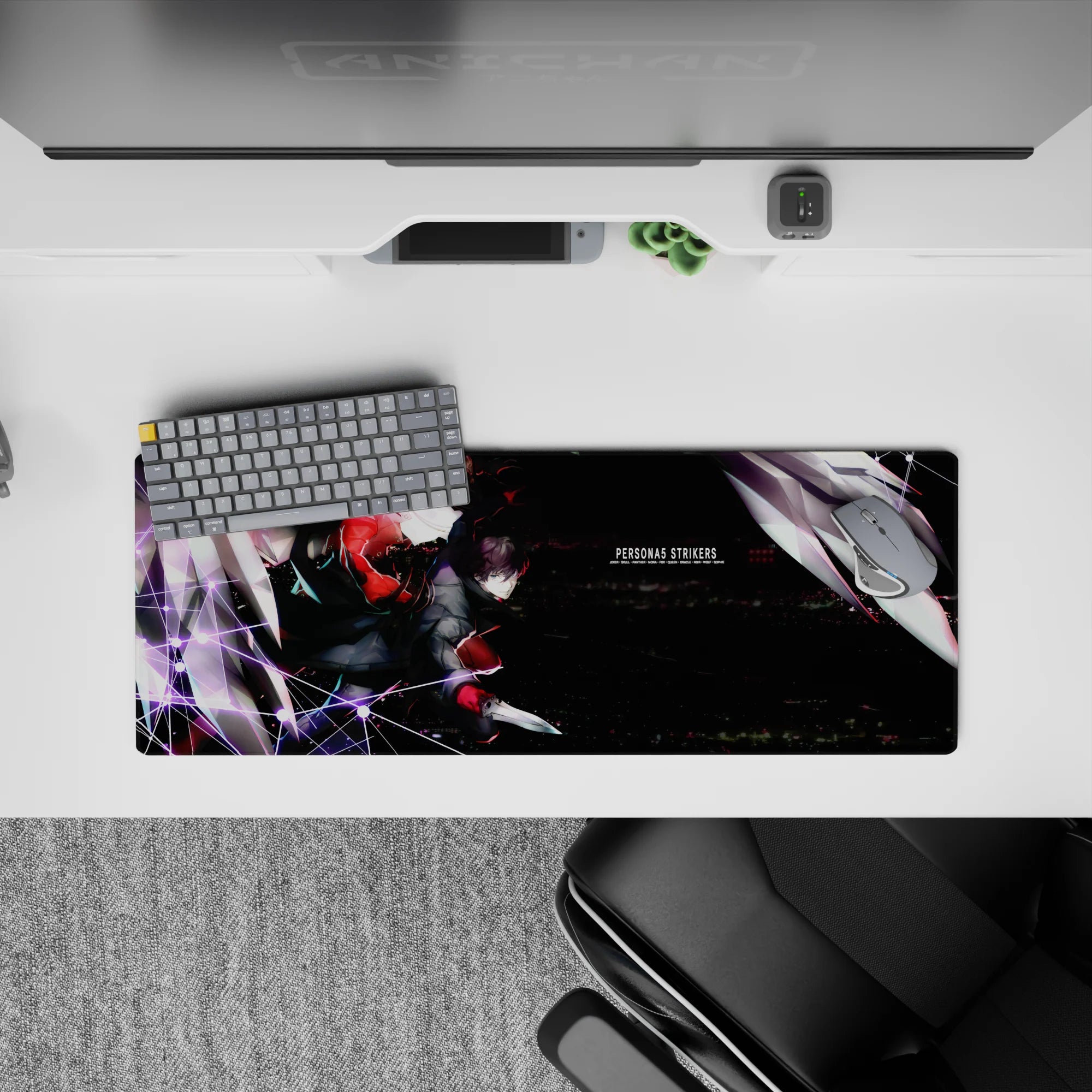 Mouse pad 32x12 inches featuring Joker and Arsène from Persona 5 Strikers, with vibrant Tokyo skyline and neon lights.