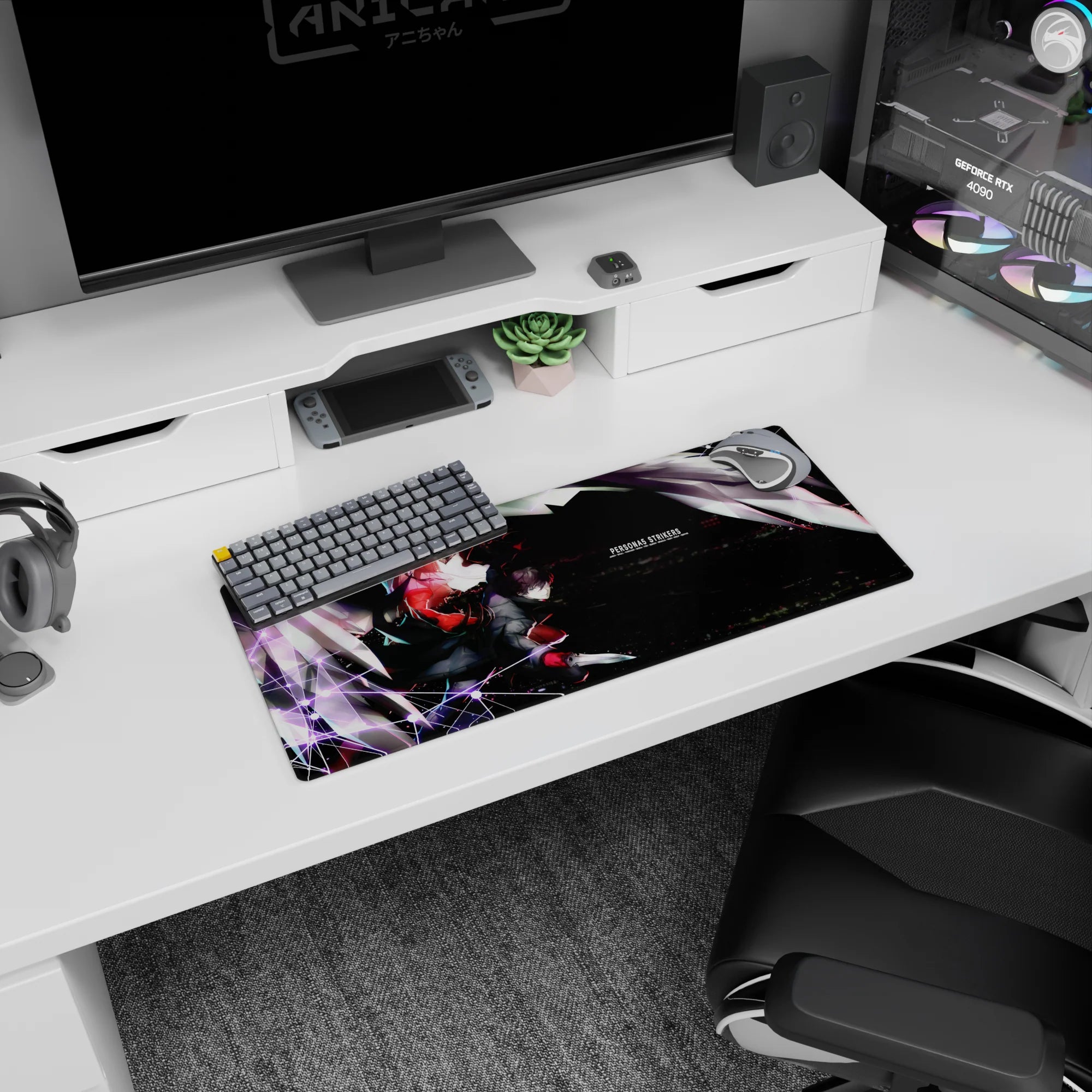 Mouse pad featuring Joker and Arsène from Persona 5 Strikers, size 28x12 inches, showcasing a dynamic Tokyo skyline scene.