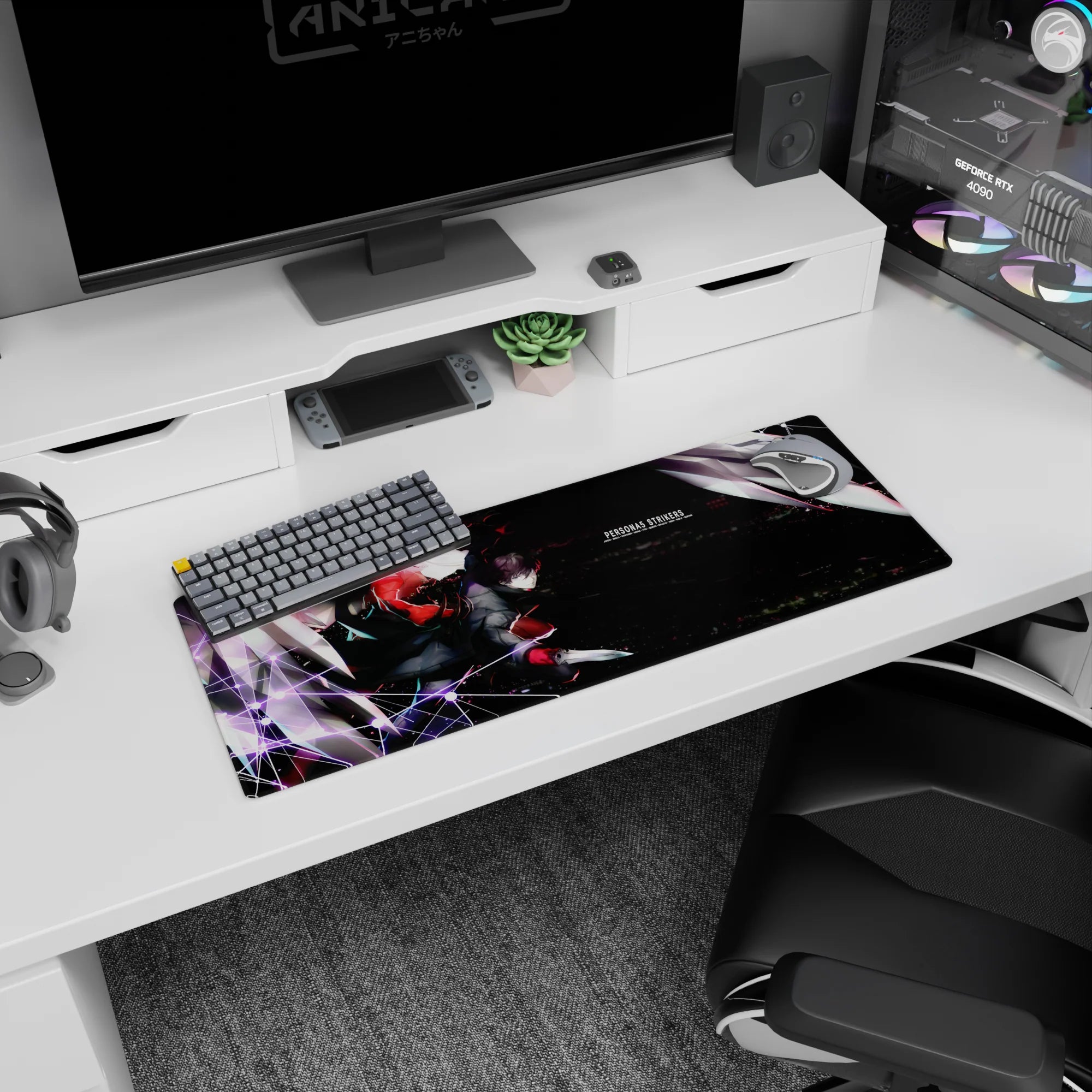 Joker and Arsène from Persona 5 Strikers on 32x12 inch anime mouse pad, slicing through Tokyo skyline with vivid neon lights.